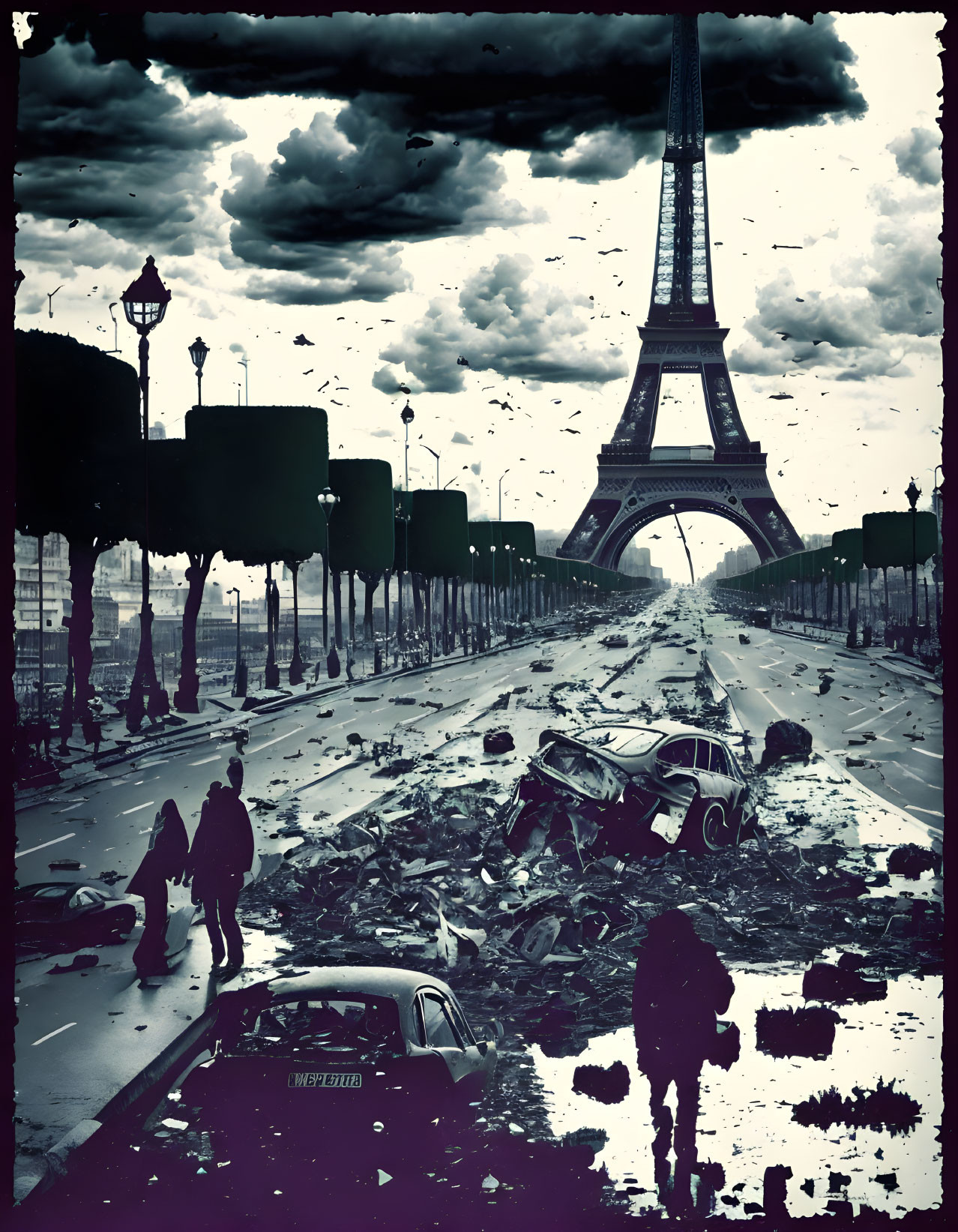 Deserted Paris post-apocalyptic scene with Eiffel Tower and stormy skies