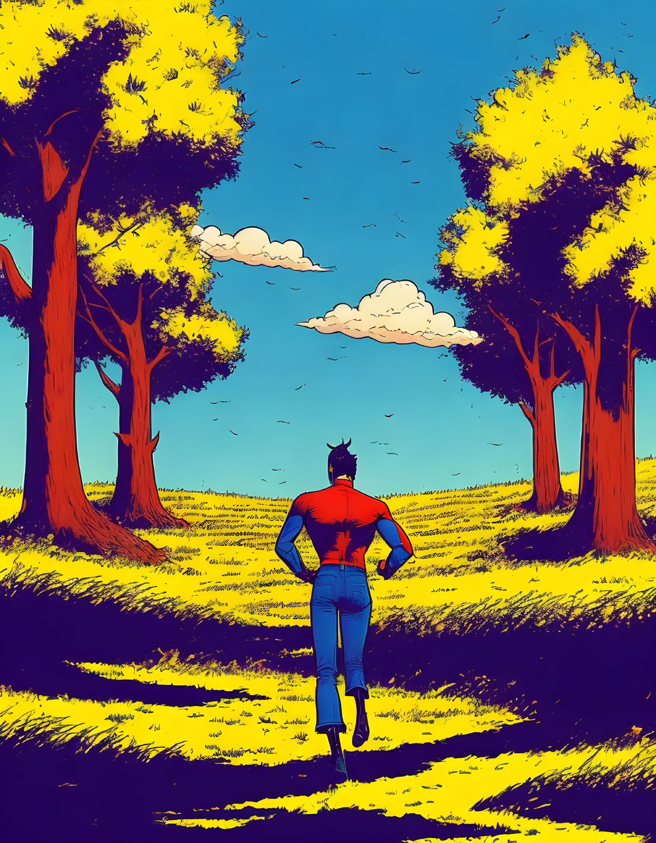 Superhero in red and blue costume running in sunny field with trees and blue sky