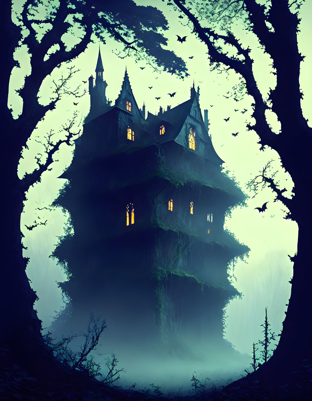 Eerie castle on floating island in foggy forest with bats and glowing windows