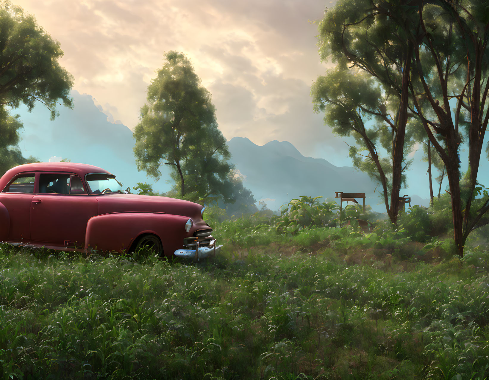 Vintage Pink Car Parked in Meadow with Trees and Mountains at Dusk