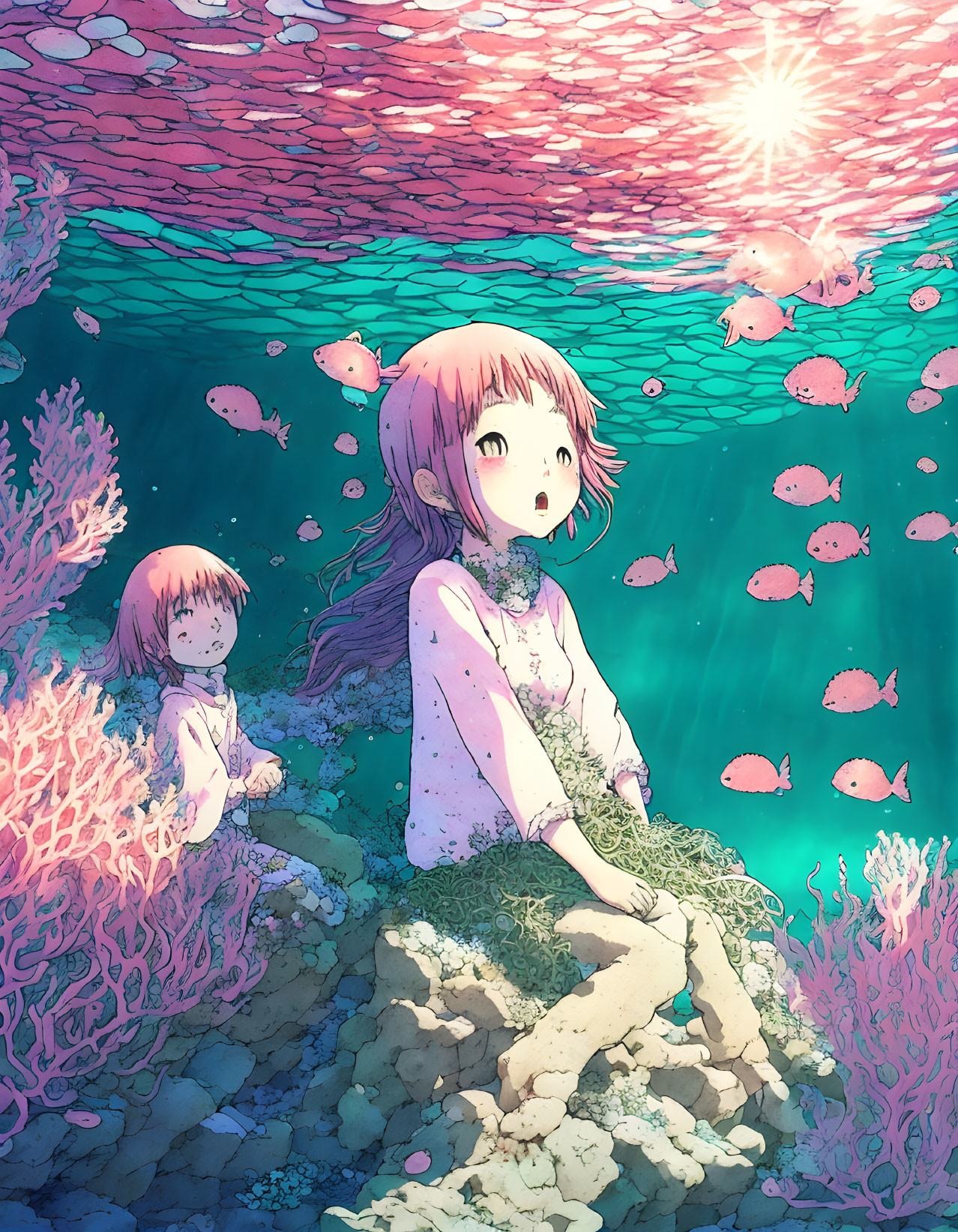 Underwater scene: Two animated girls with pink fish and coral