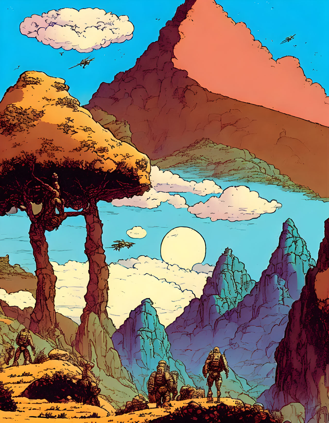 Colorful sci-fi landscape with mushroom trees, rocky spires, and figures in spacesuits