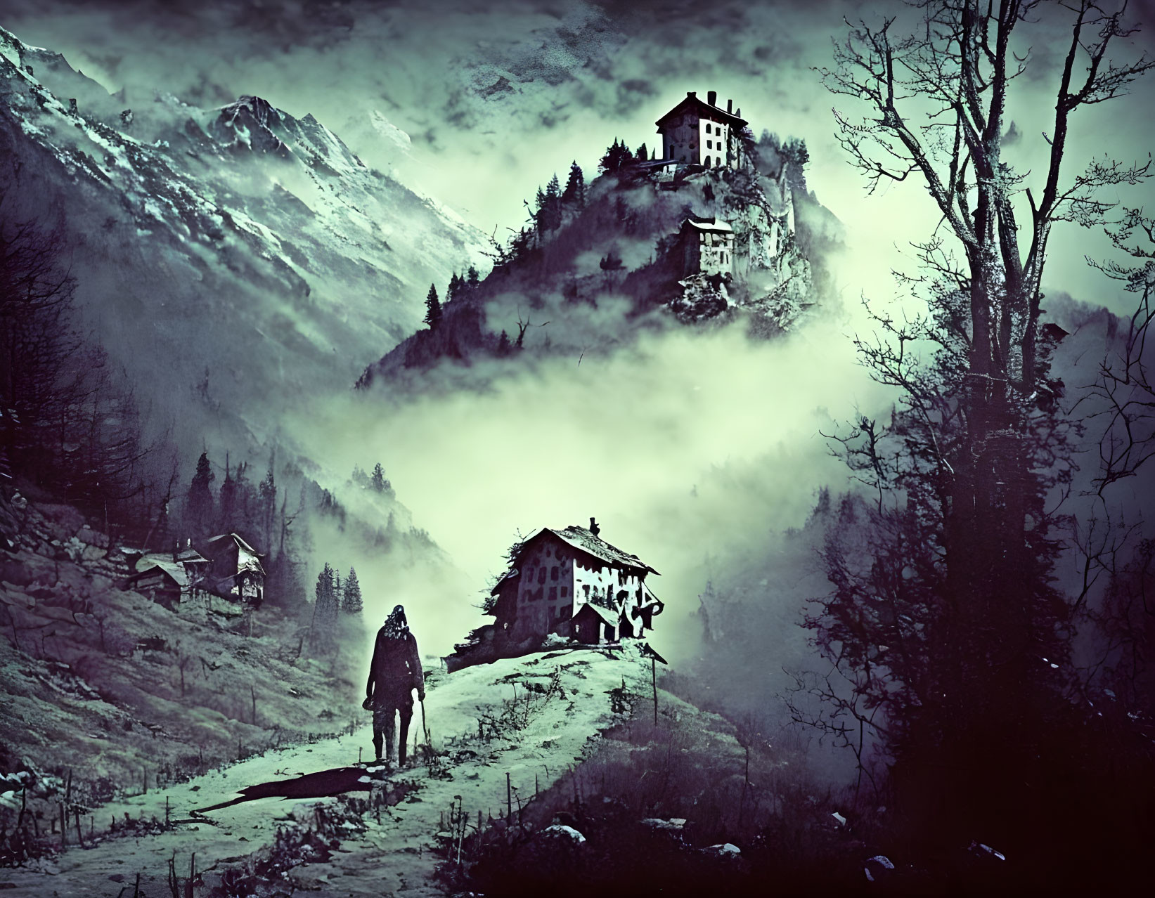 Solitary figure walking towards misty mountains with scattered houses