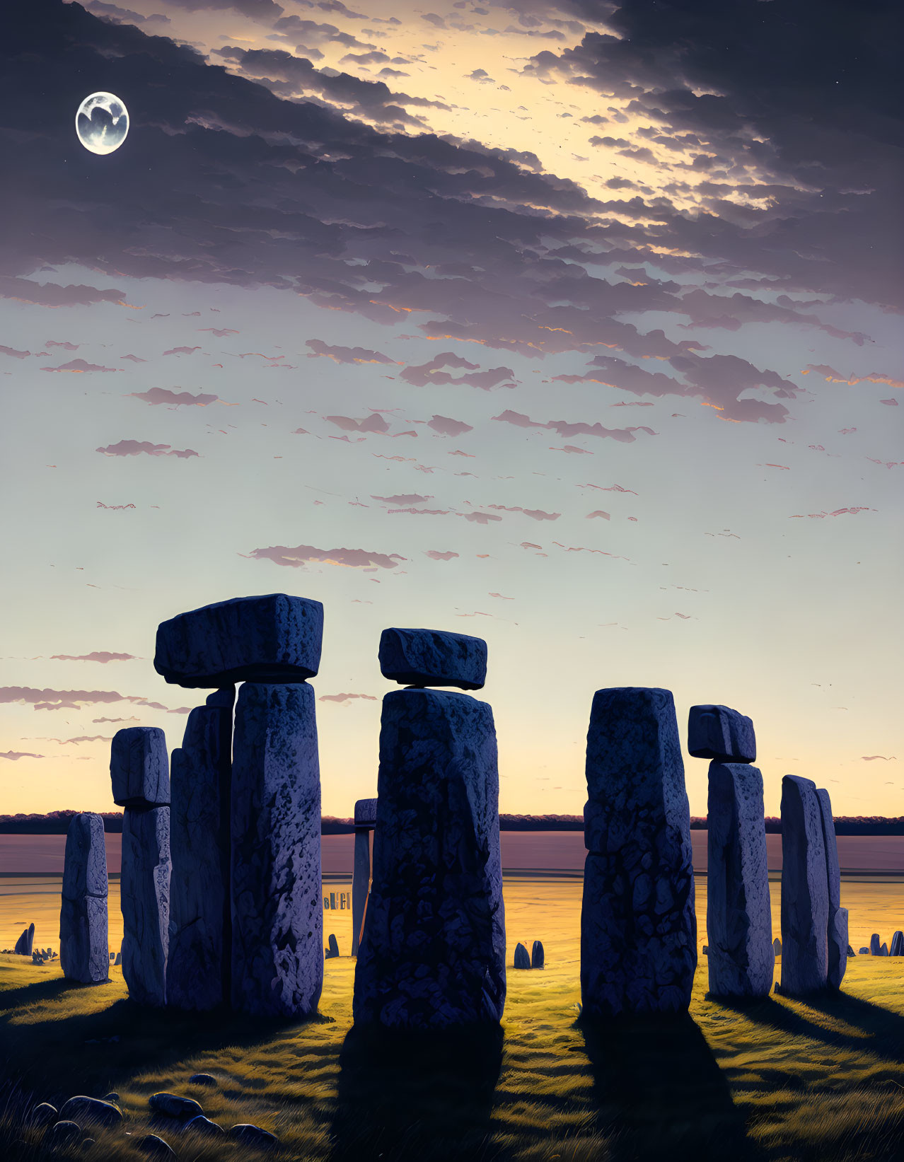 Ancient Stonehenge with full moon and dramatic twilight sky