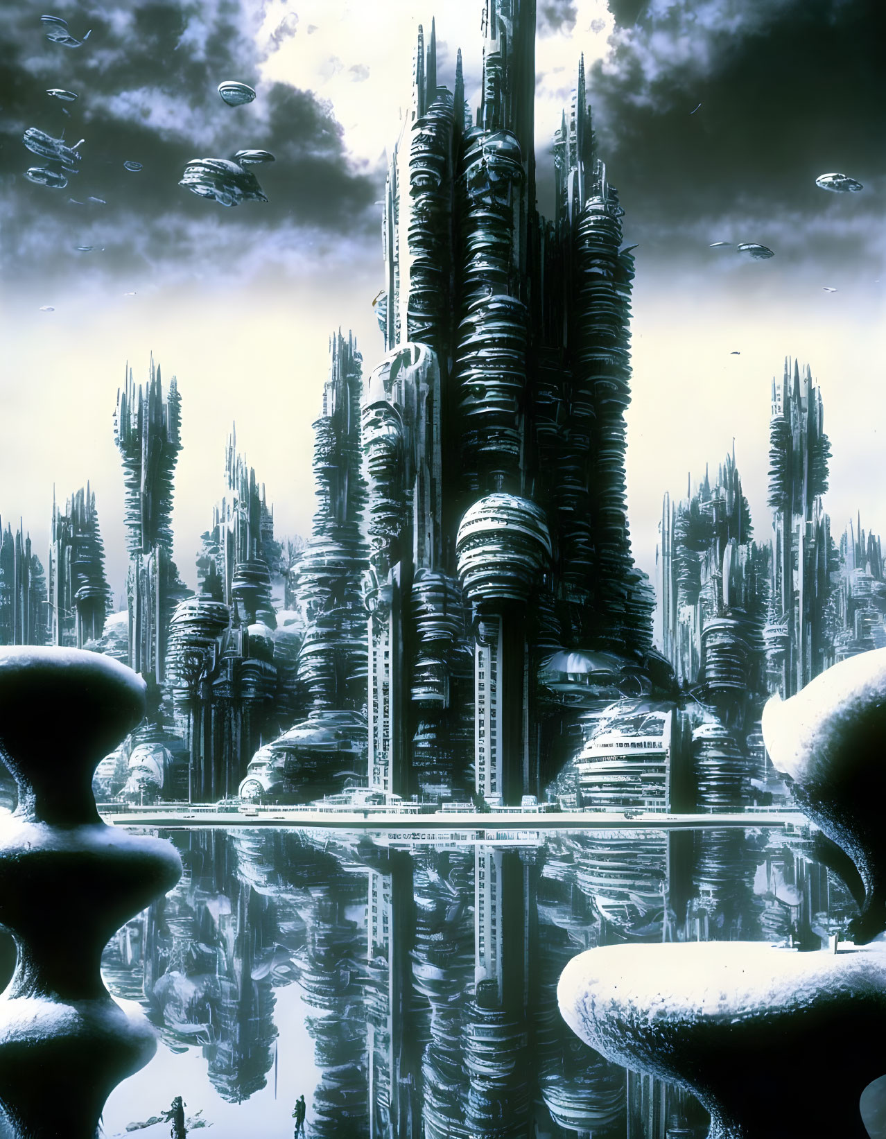 Futuristic cityscape with tall spire-like buildings and flying saucers under cloudy sky