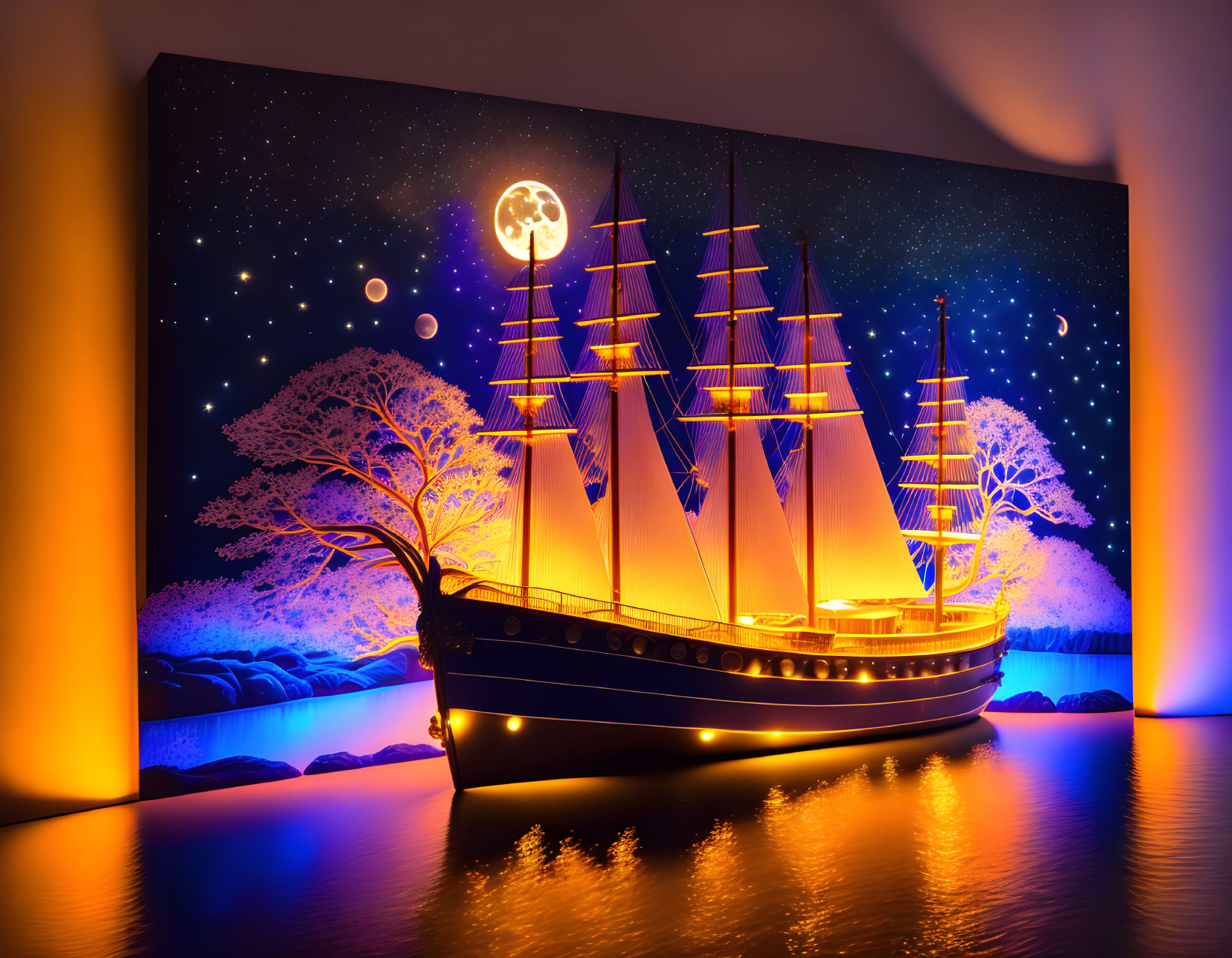 Illuminated model ship on night sky backdrop