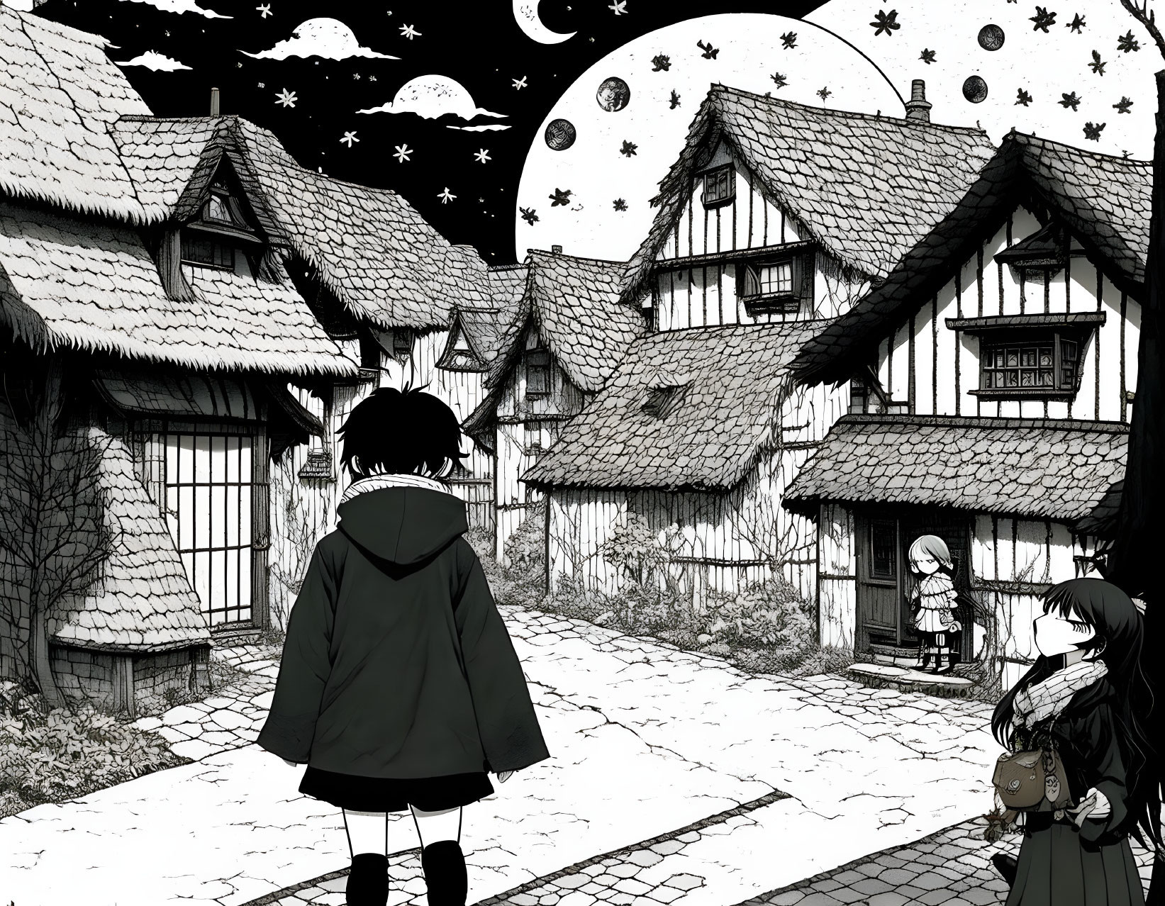 Manga-style illustration of person in village street at night