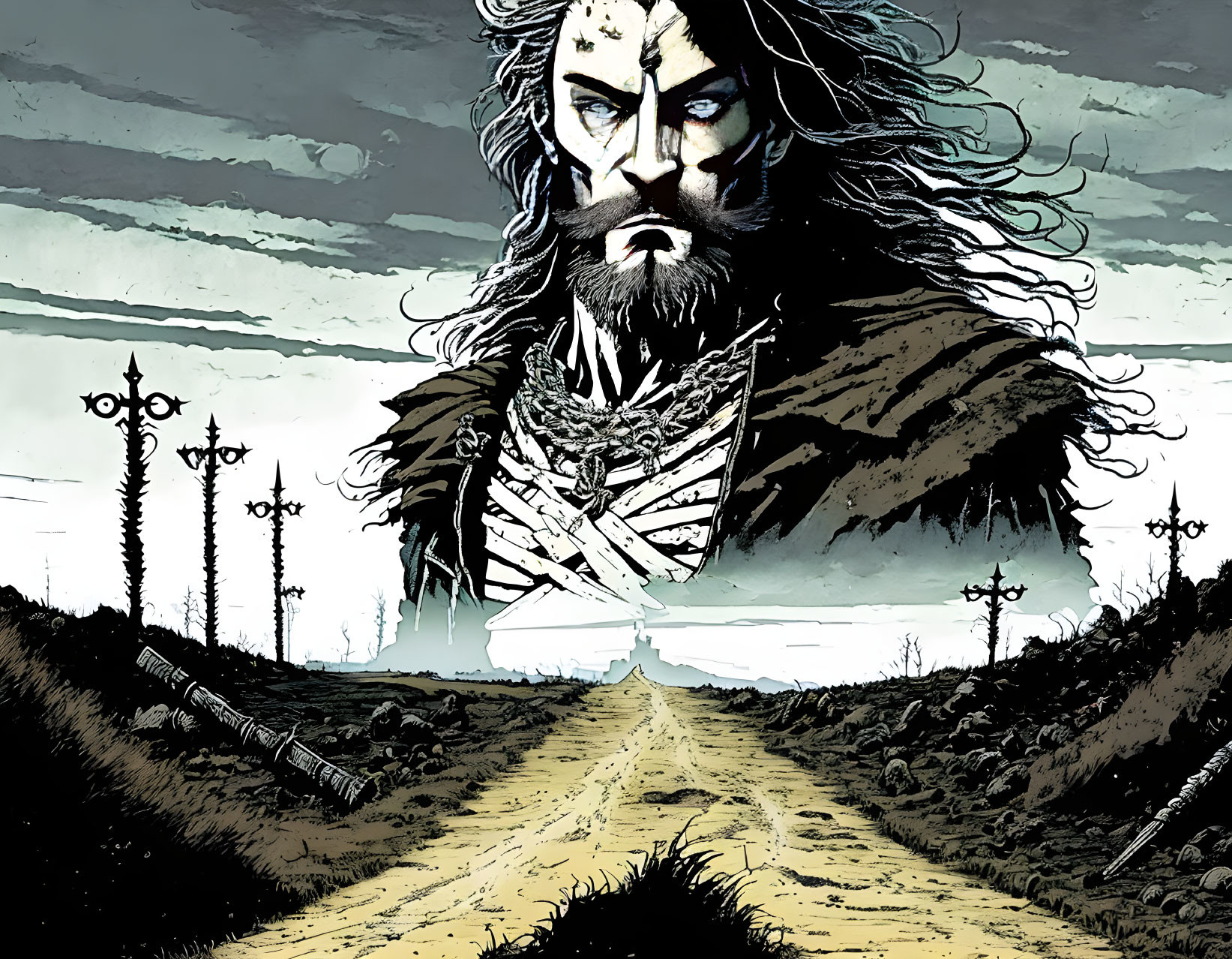 Bearded man in medieval armor on desolate road