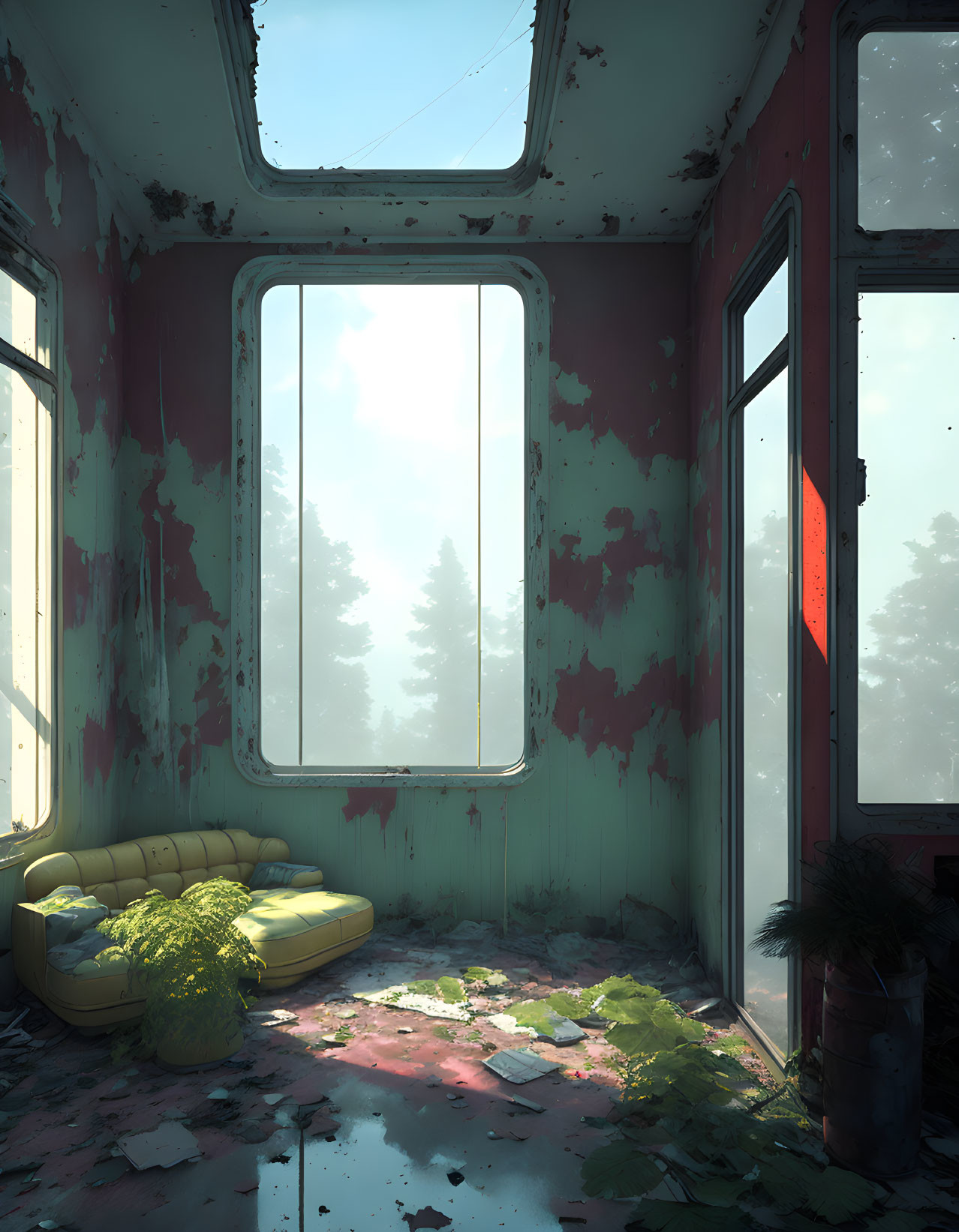 Abandoned room with peeling red walls, moss-covered sofa, and foggy forest view