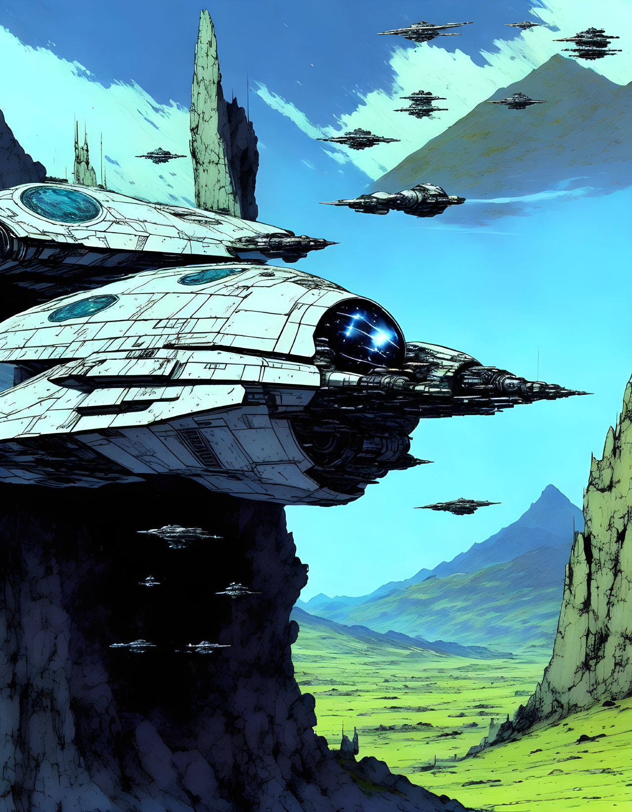 Detailed Spaceship Flying Over Vibrant Alien Landscape