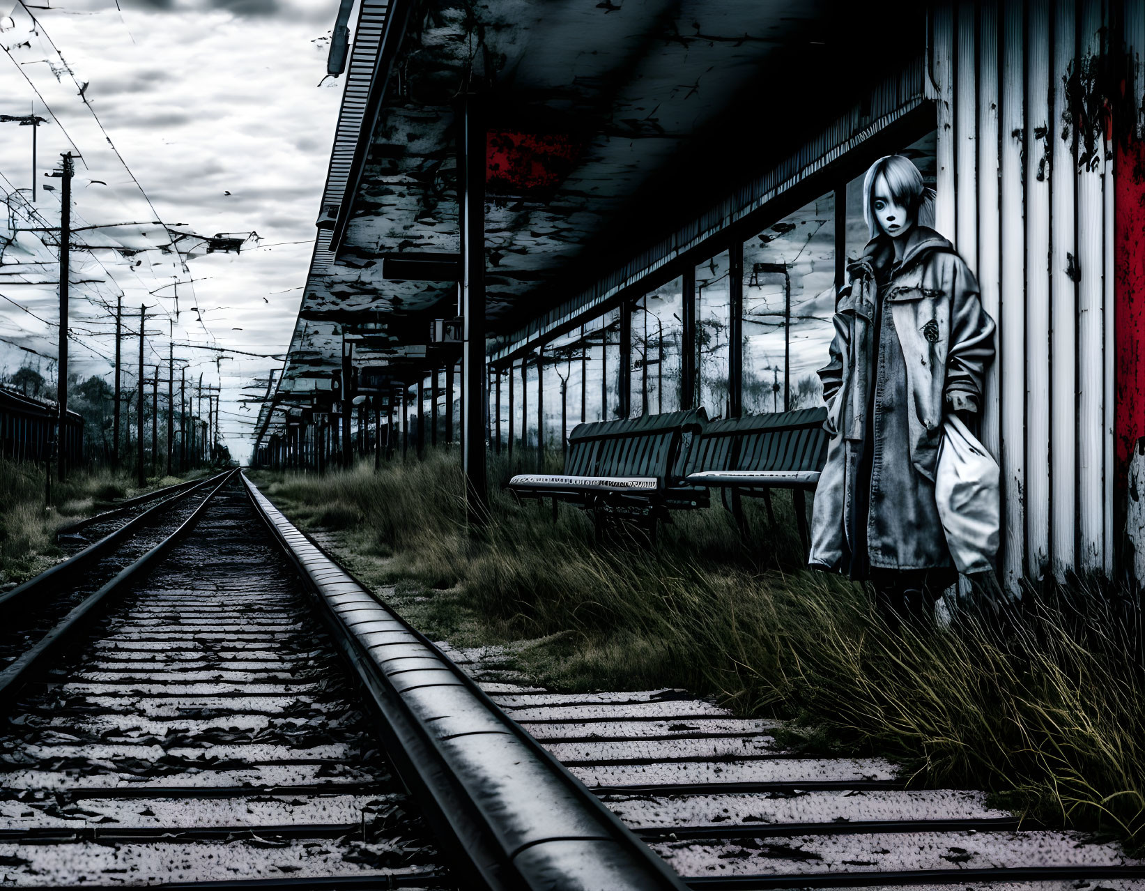 Desolate train station platform with person, benches, and gloomy skies