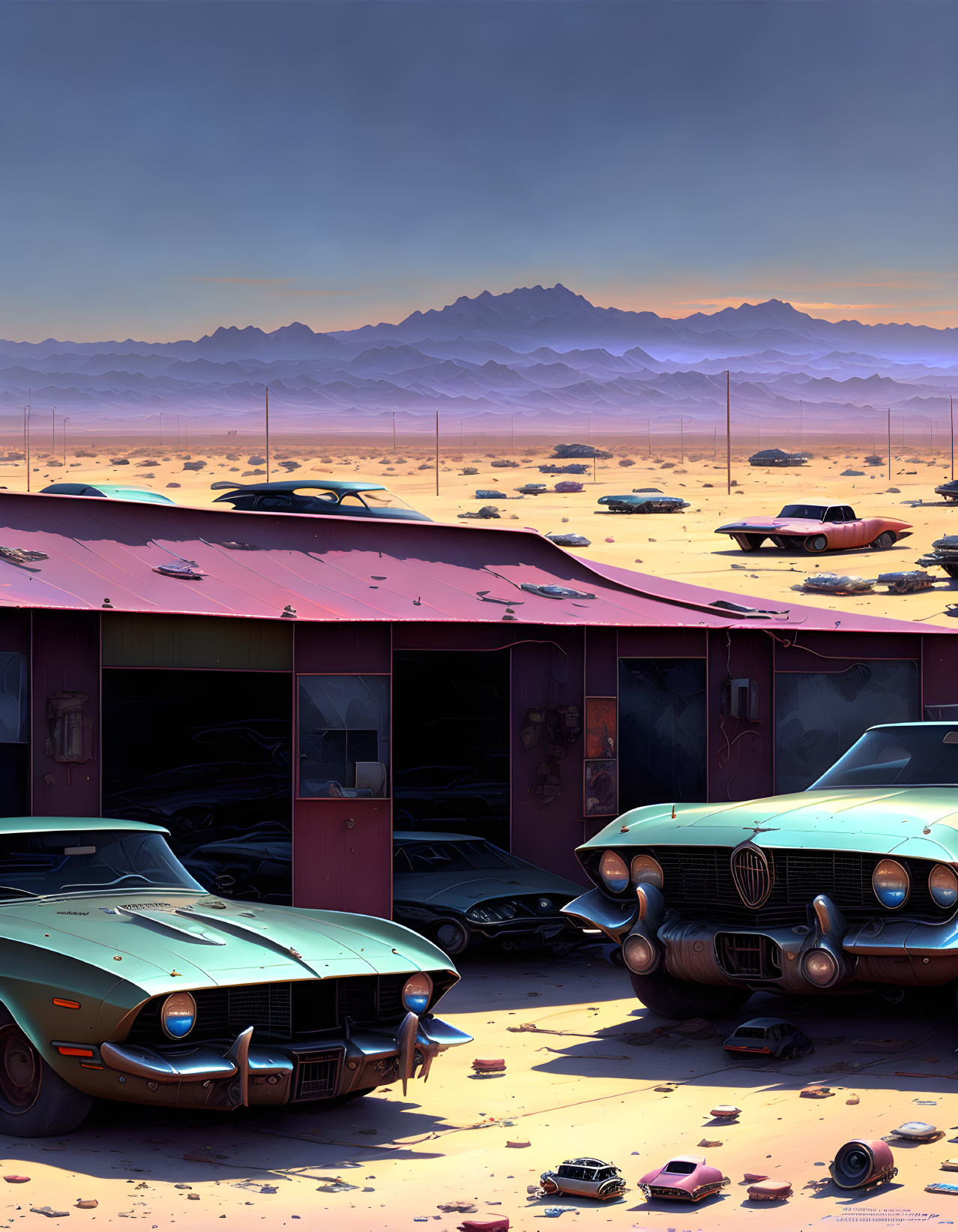 Dystopian desert landscape with abandoned vehicles and dilapidated structures