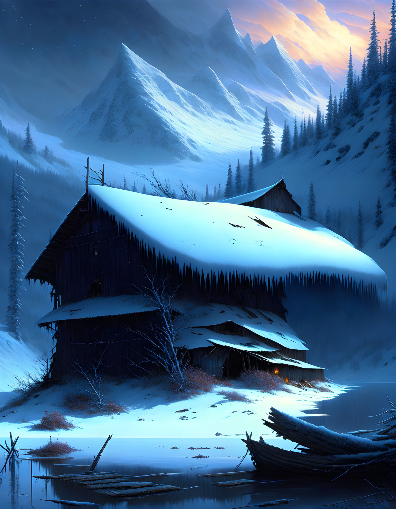 Winter Cabin in Tranquil Nocturnal Landscape