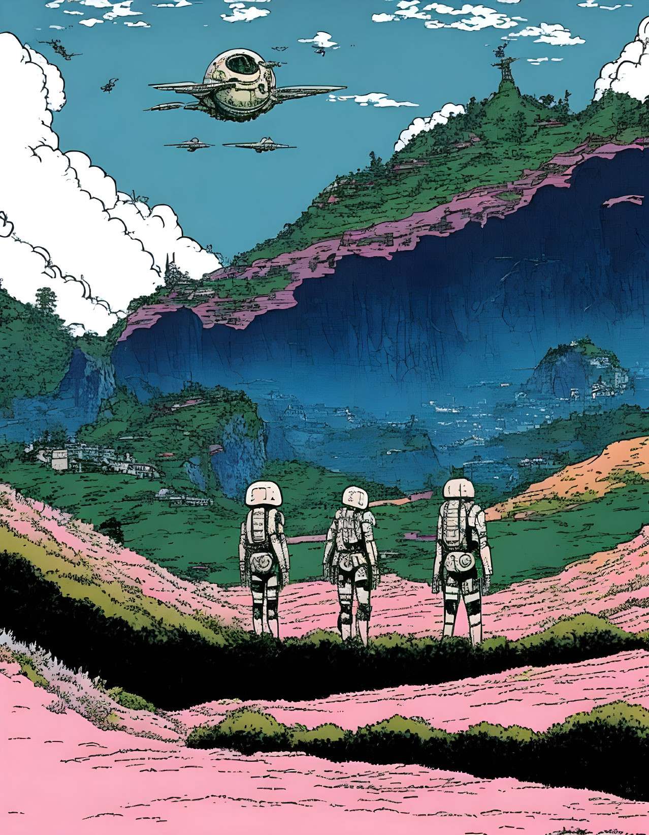 Astronauts on pink terrain with spaceship in pastel alien landscape