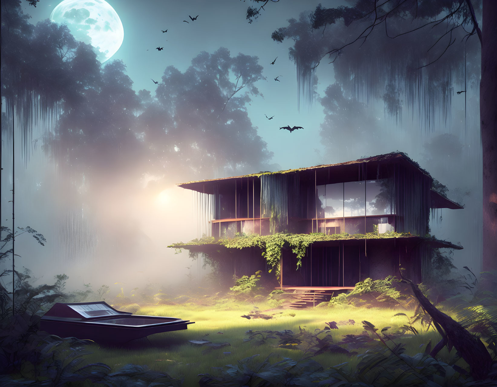 Mystical forest twilight with modern treehouse, full moon, and flying birds