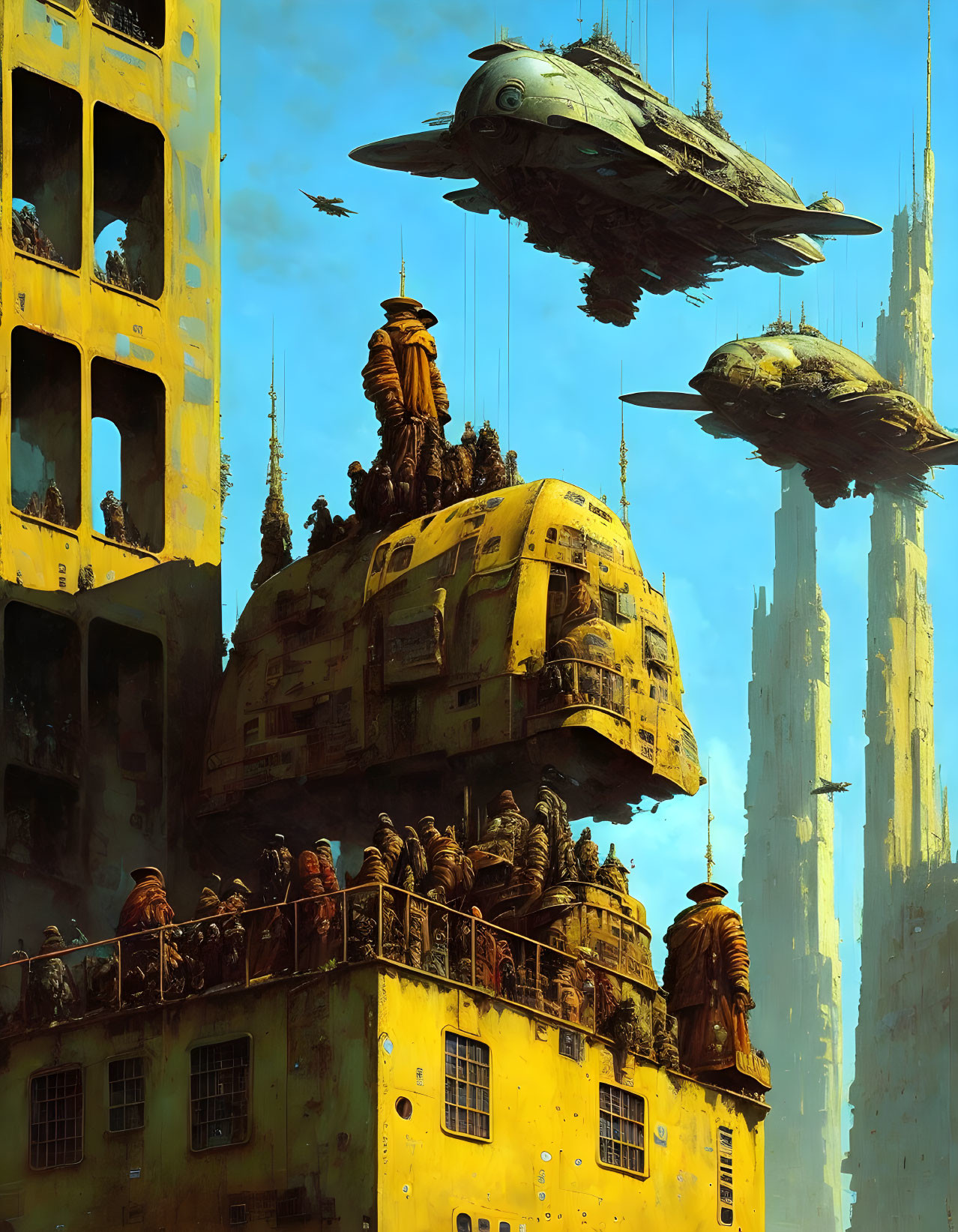 Dystopian cityscape with yellow towers, crowds, and airships