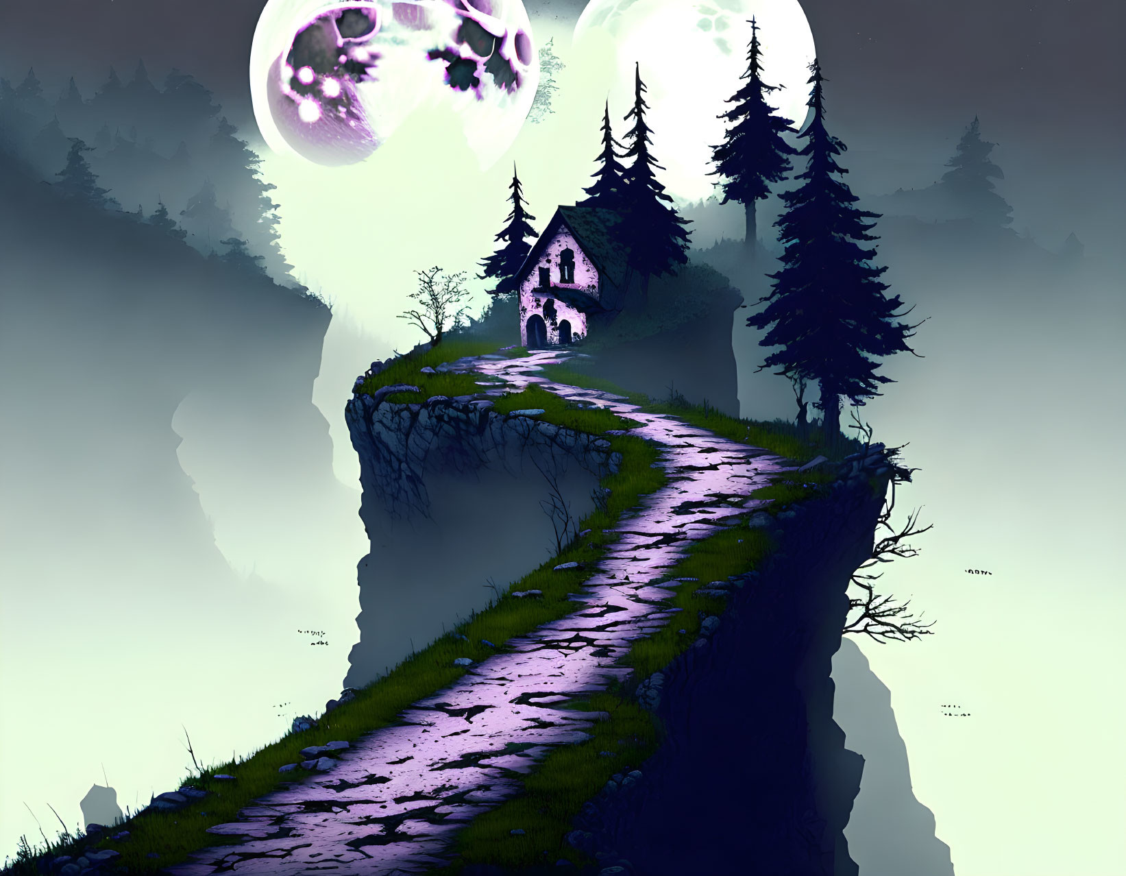 Moonlit pathway to cliffside cottage with ethereal orbs and pine trees