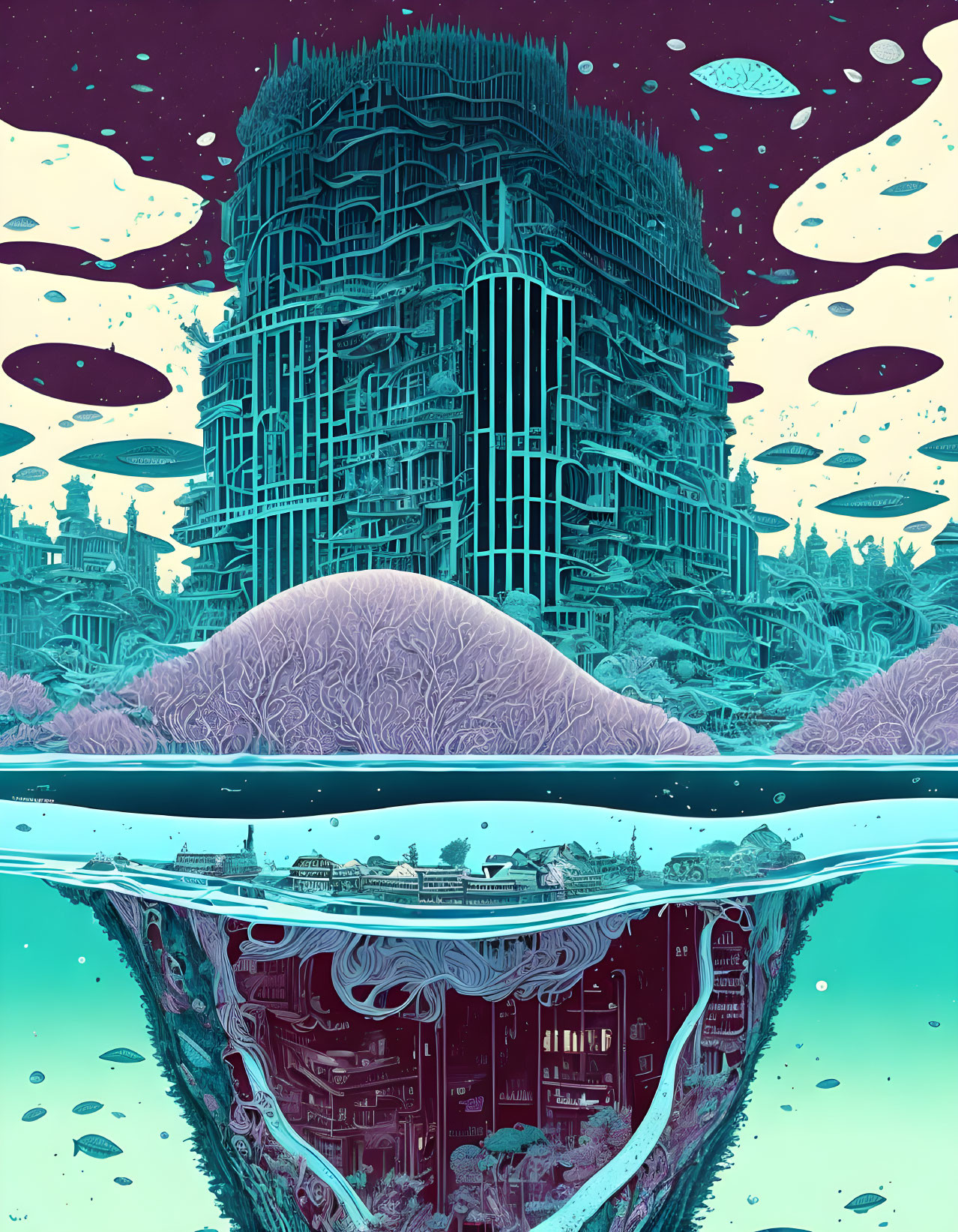 Vibrant teal and purple underwater city with towering structure