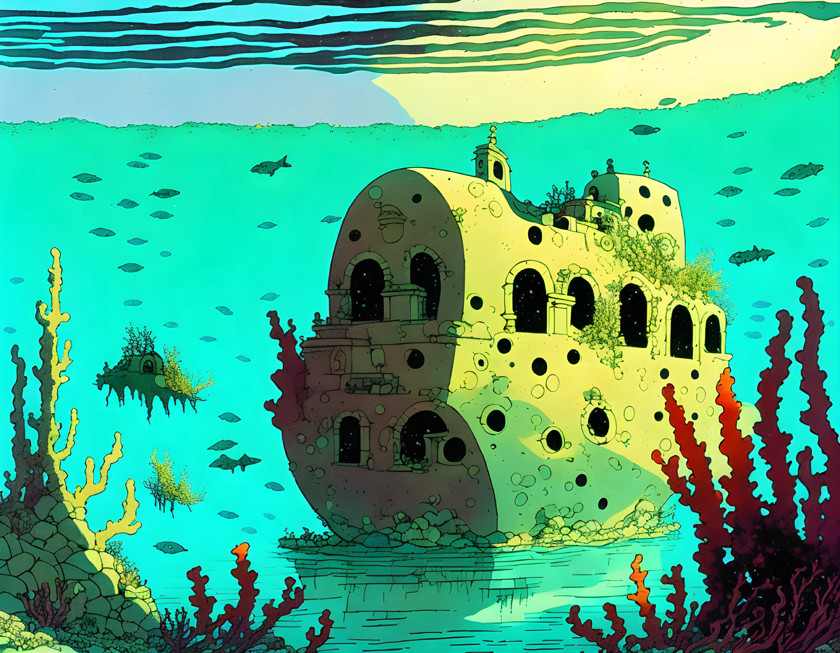 Vibrant underwater scene with coral-covered building and marine life