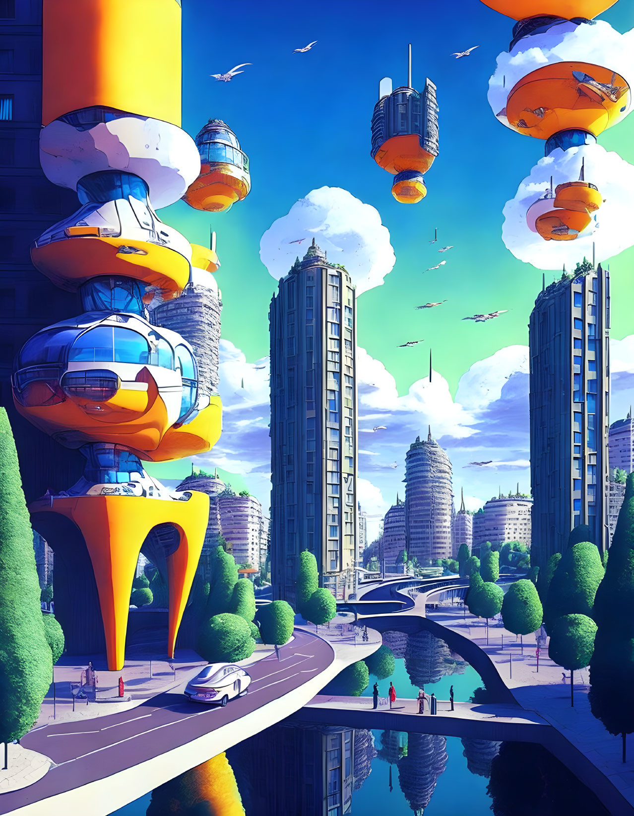 Futuristic cityscape with floating buildings and flying cars