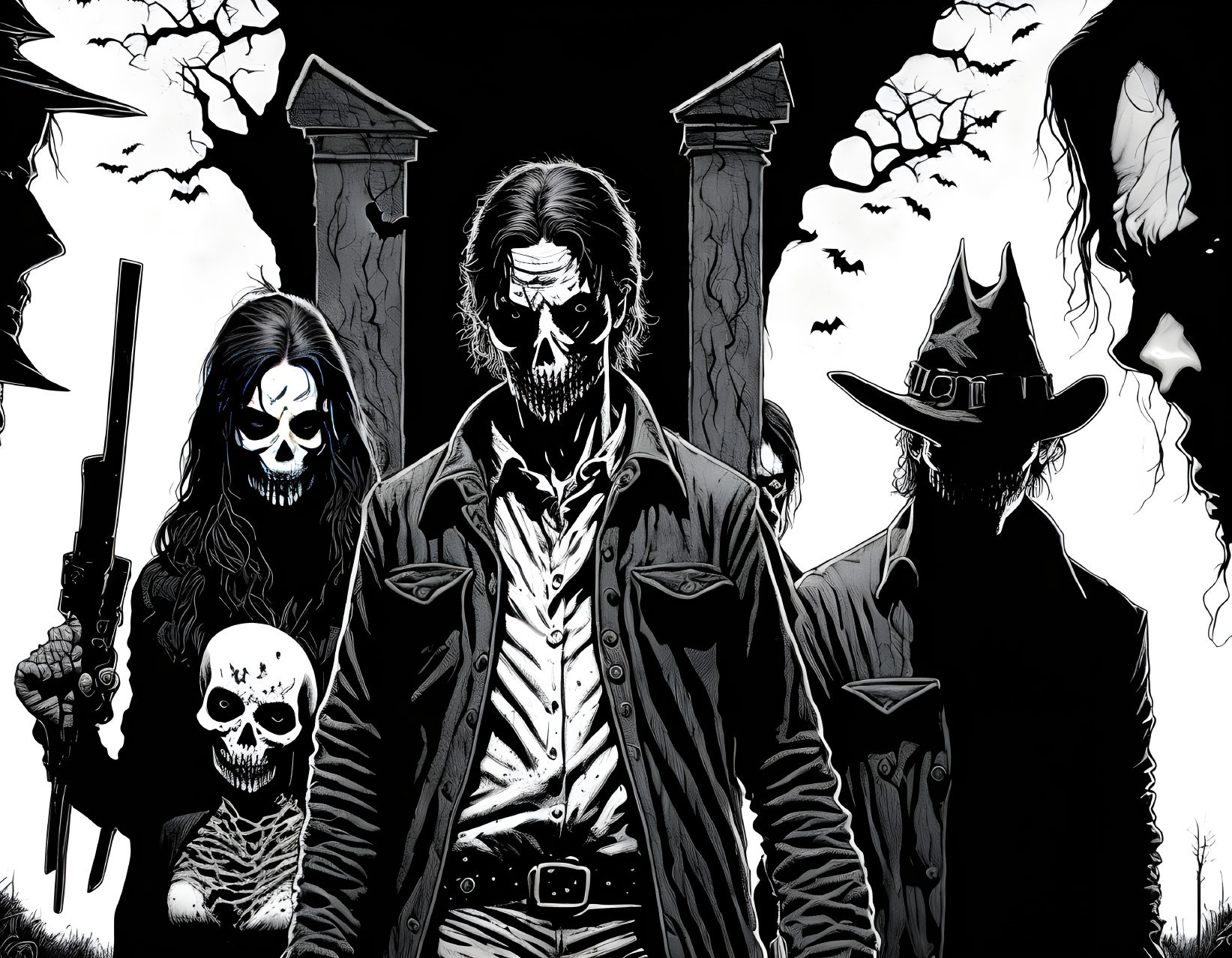 Monochrome artwork of stylized characters with a man, a gun, skull-faced figures, eerie trees