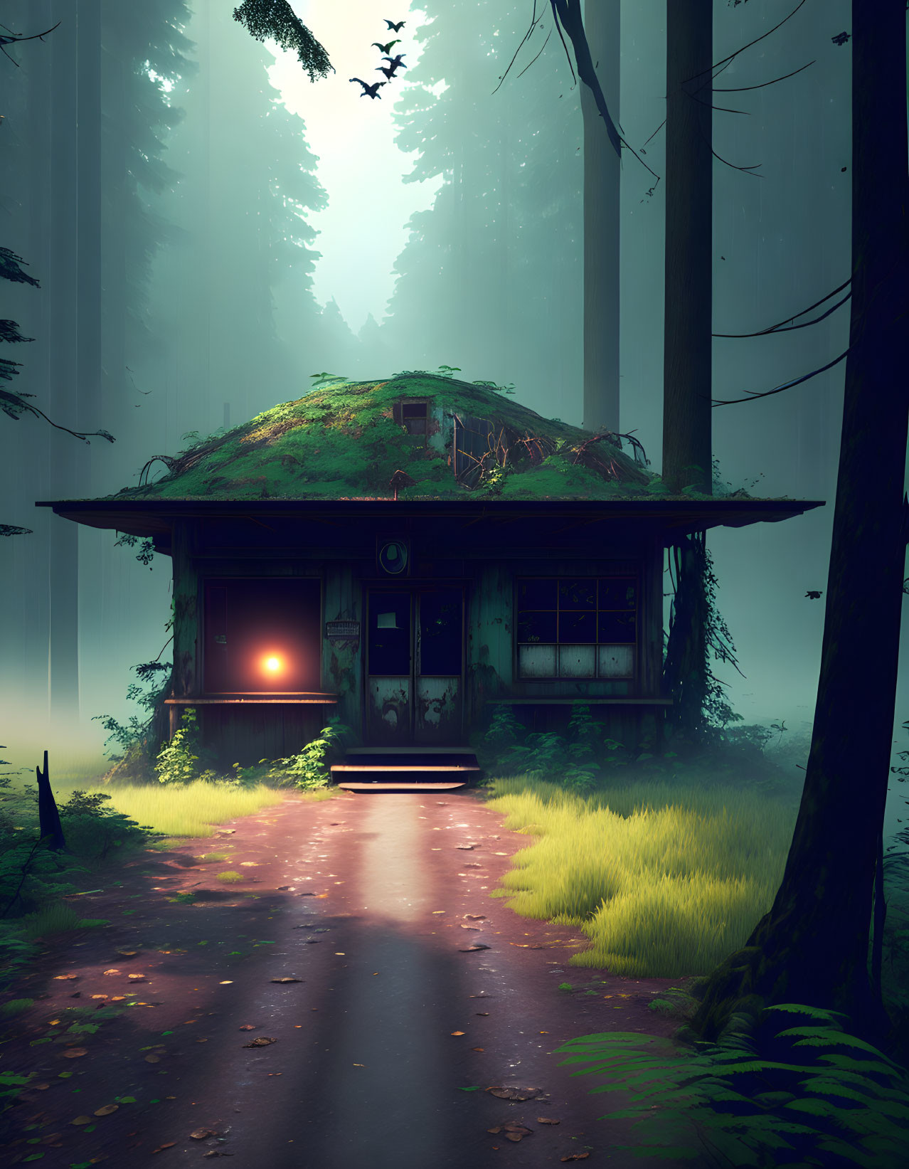 Enchanted forest scene with cozy house and glowing red light