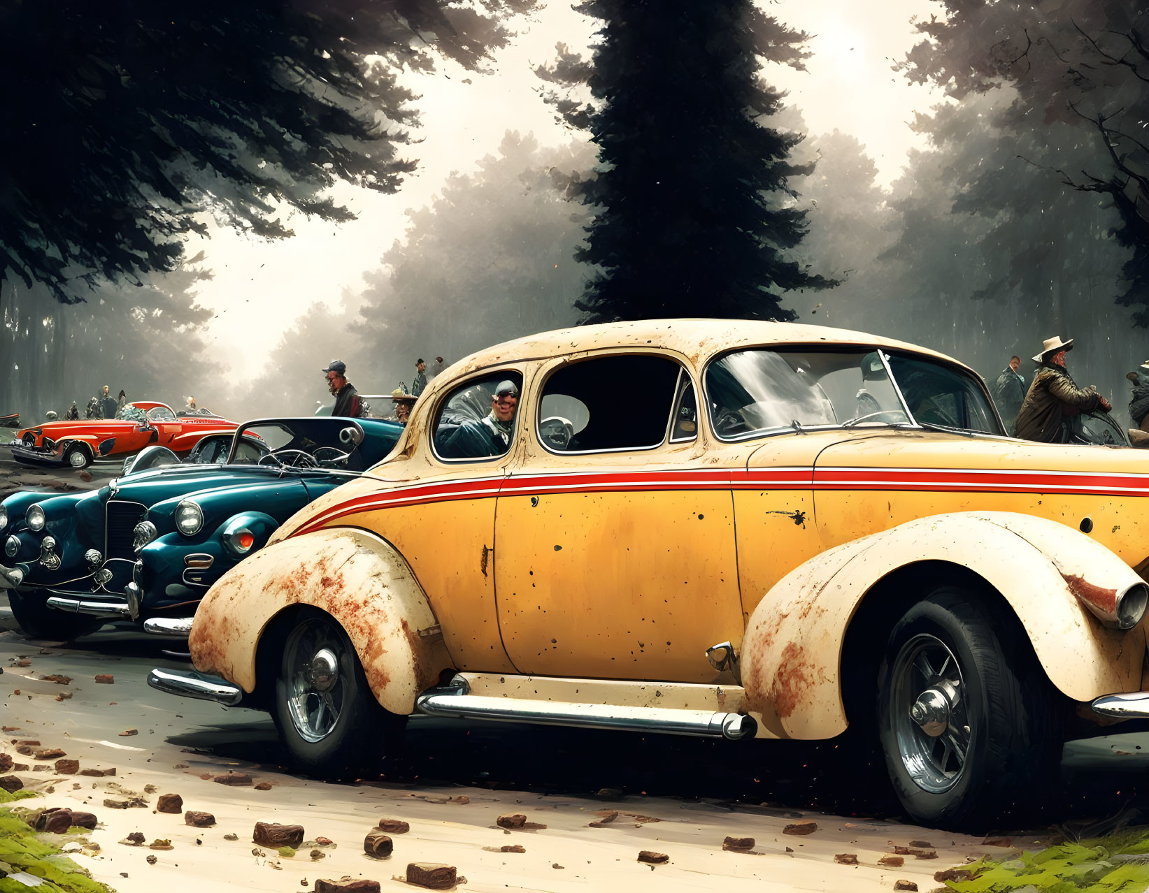 Vintage Automobile Gathering in Forest Setting with Yellow-and-White Car and Period Attire People