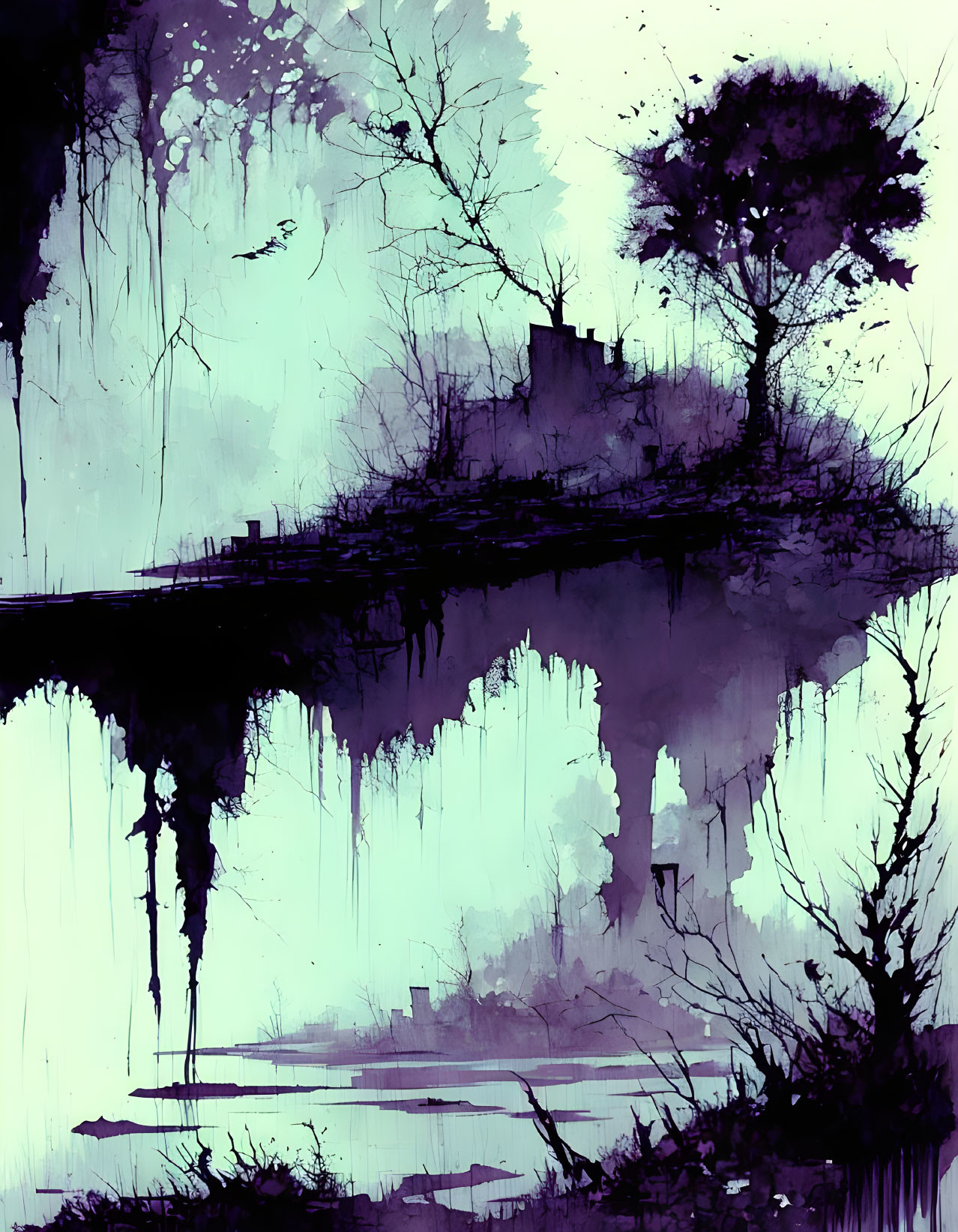 Surreal digital painting: tree silhouette, house, floating island, dripping formations, misty purple