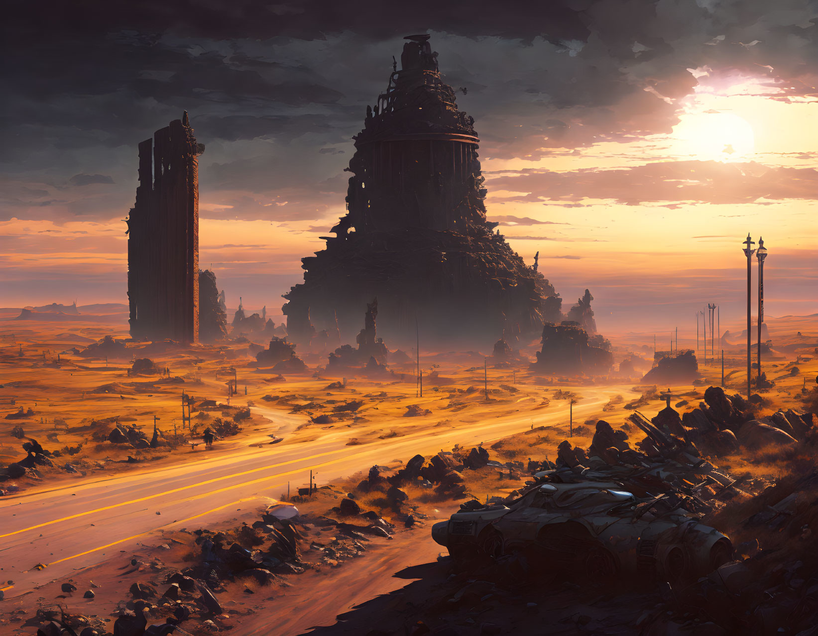 Dystopian sunset scene with ruined towers and deserted road