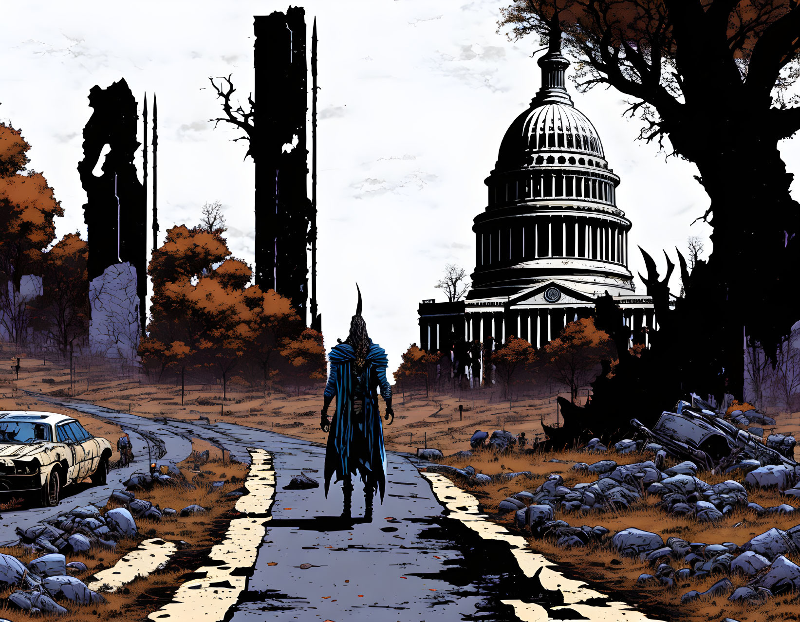 Lonely figure in blue cape near dystopian Capitol in desolate landscape