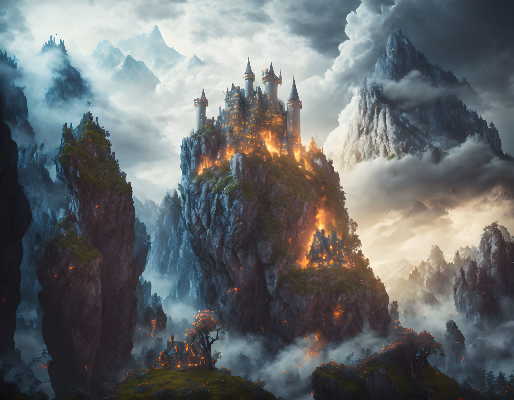 Majestic castle on cliff with glowing windows amidst misty mountains