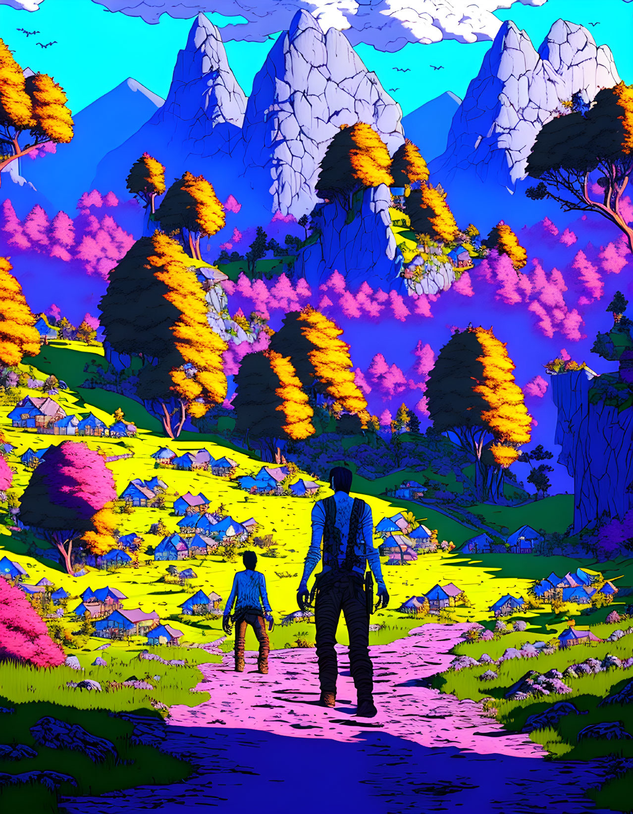 Silhouetted figures walking towards vibrant village amidst colorful trees and mountains under blue sky