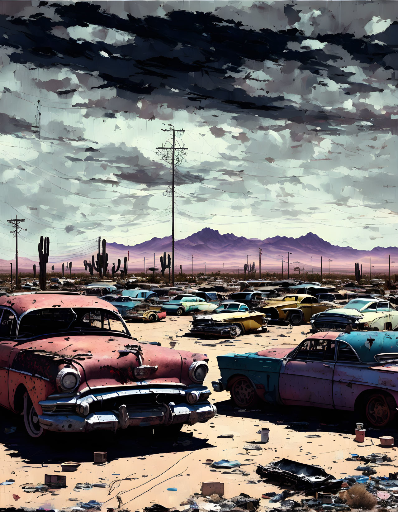 Colorful old cars in a vast desert junkyard under dramatic sky