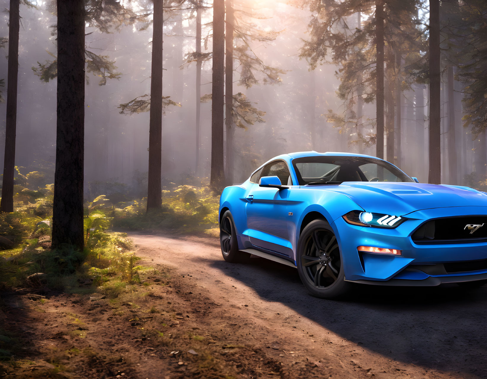 Blue Sports Car Parked on Misty Forest Path