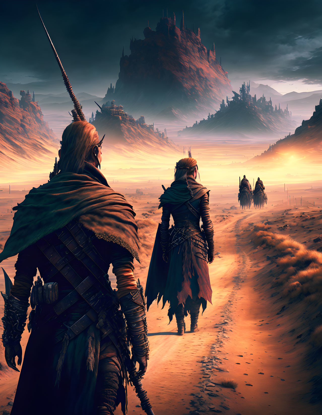 Two warriors walking towards a distant castle in a desert under an orange sky