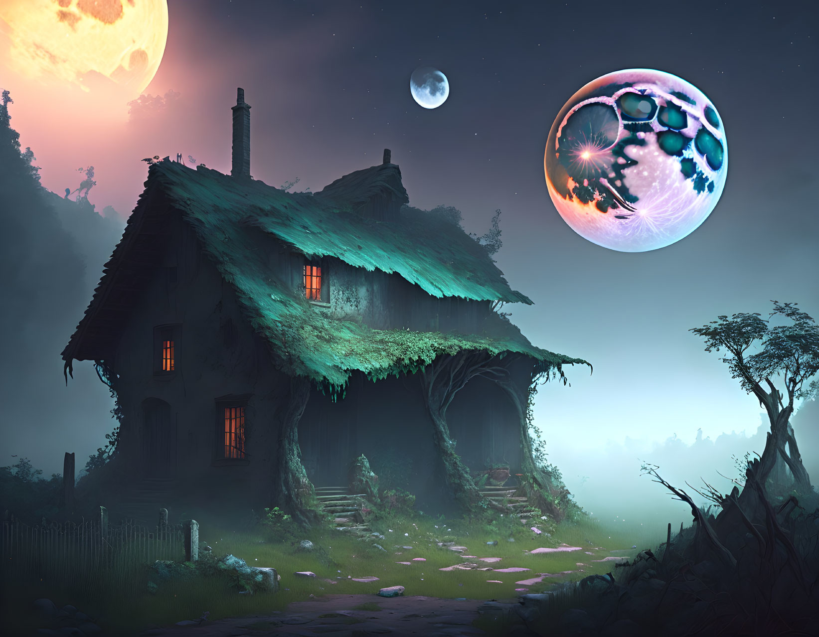 Fantastical night scene with ivy-covered hut, dual moons, misty landscape