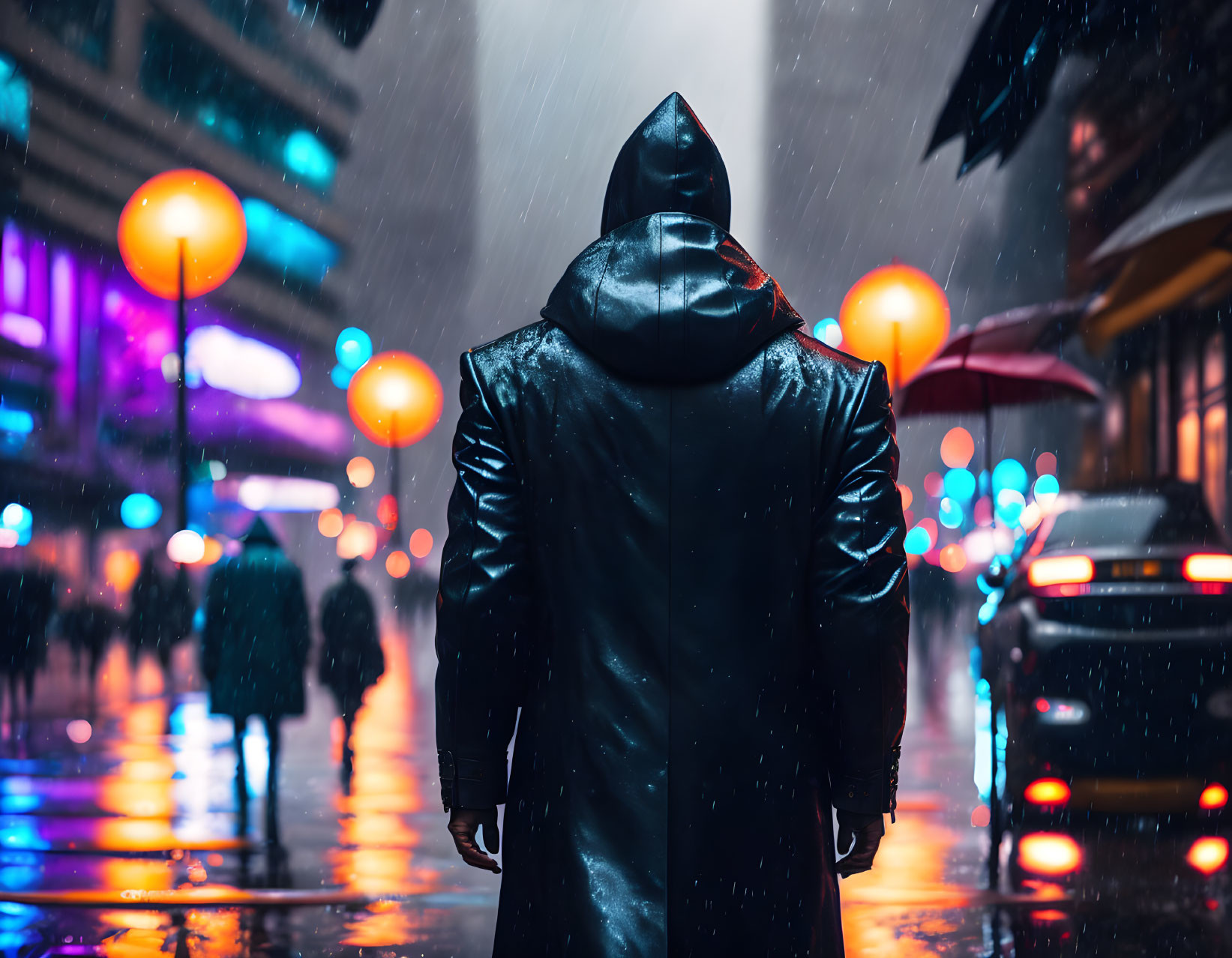 Person in Black Hooded Jacket Standing in Rainy City Street at Night