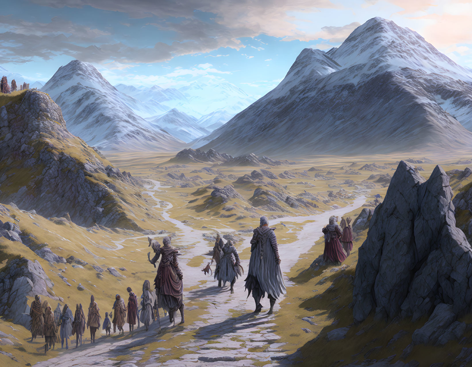 Fantasy-themed illustration of cloaked figures riding horses through mountainous landscape