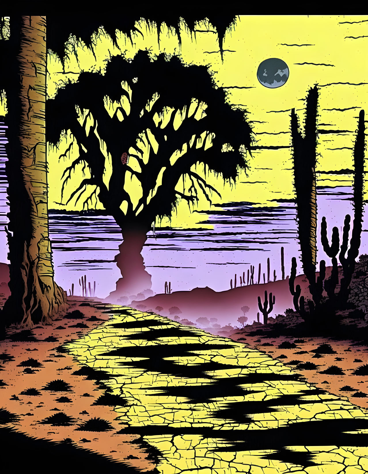 Night scene illustration with yellow sky, path, tree, cacti, and moon