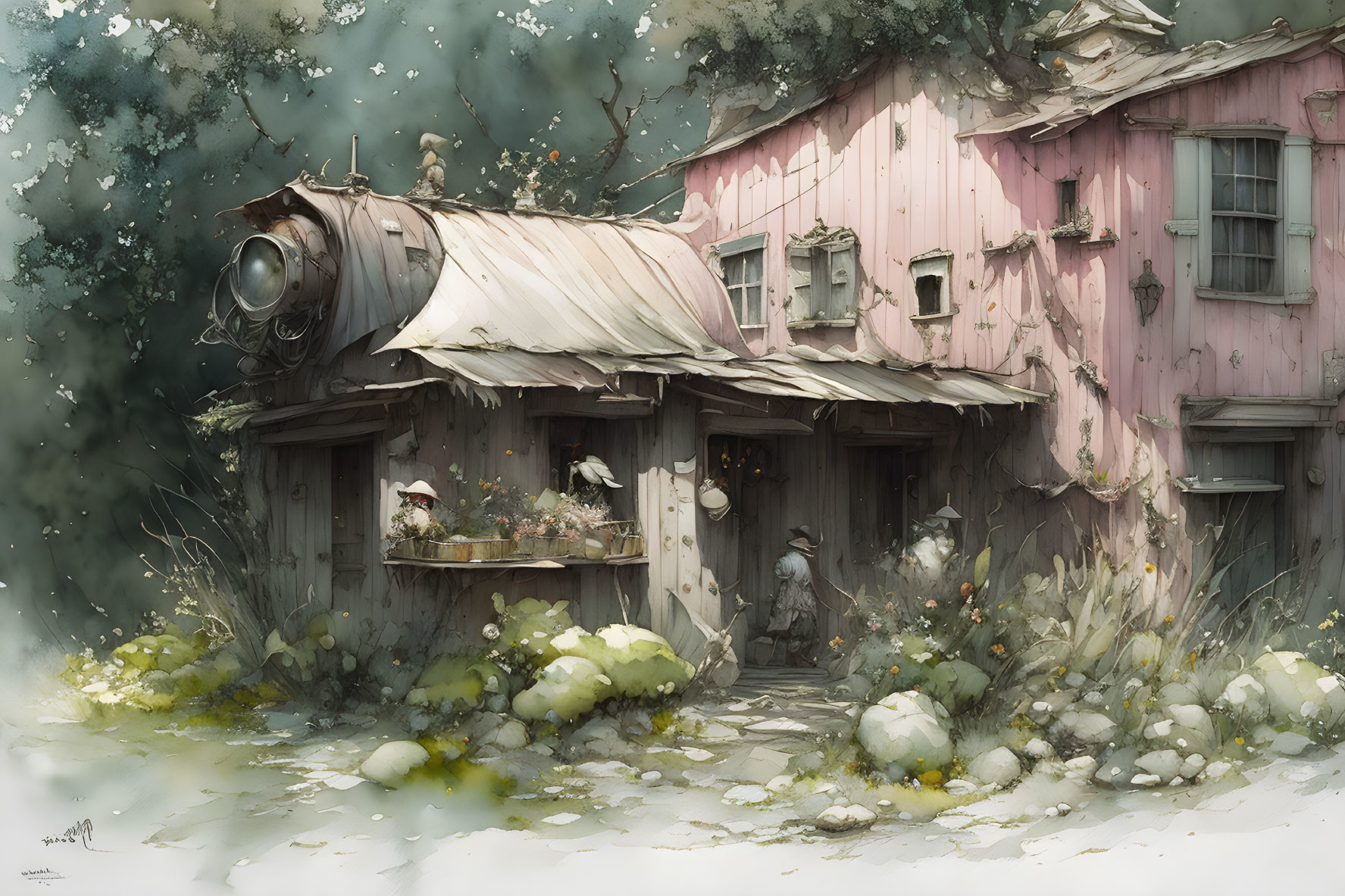 Dilapidated pink wooden house with locomotive engine in lush greenery