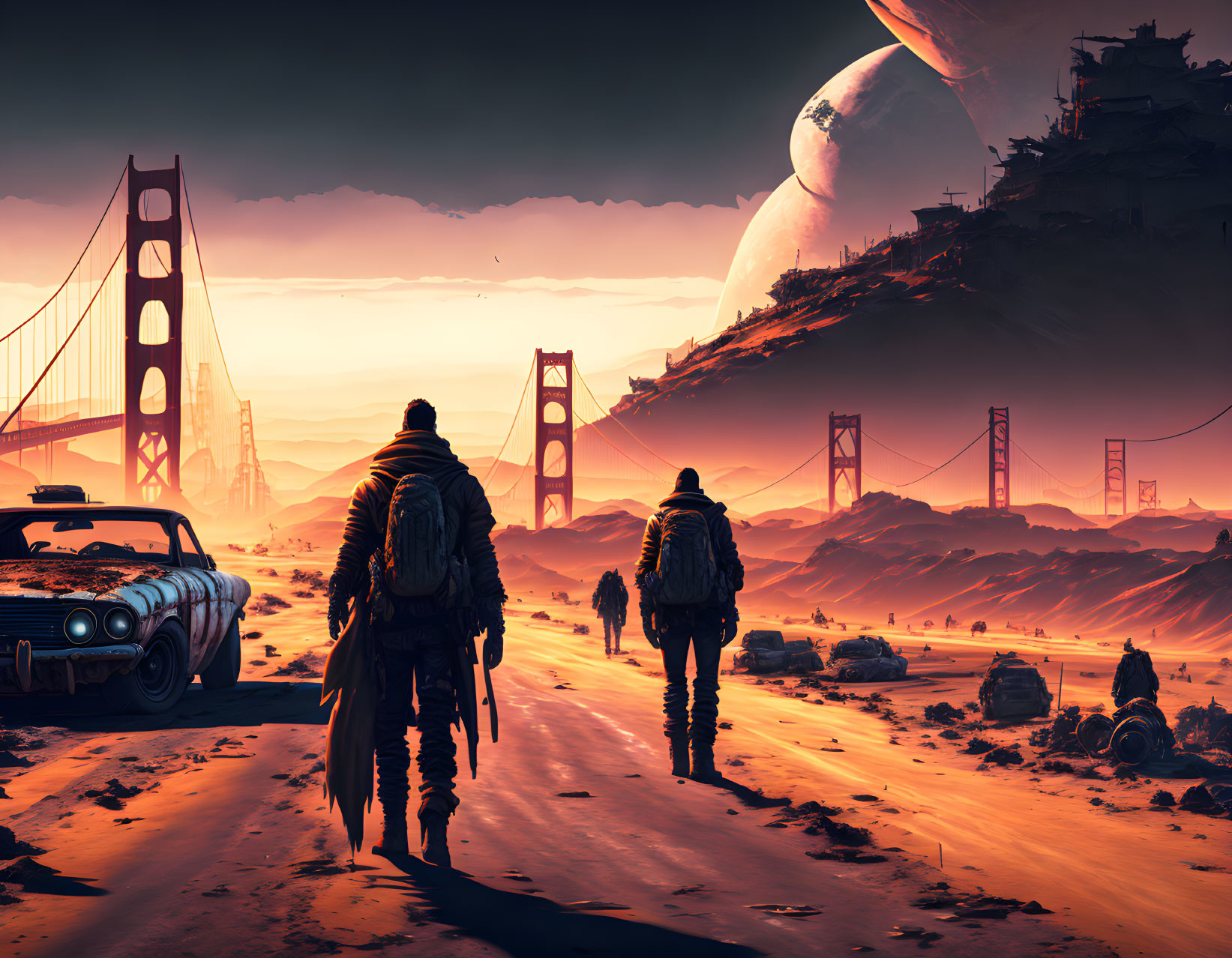 Figures with backpacks near dystopian Golden Gate Bridge in orange landscape