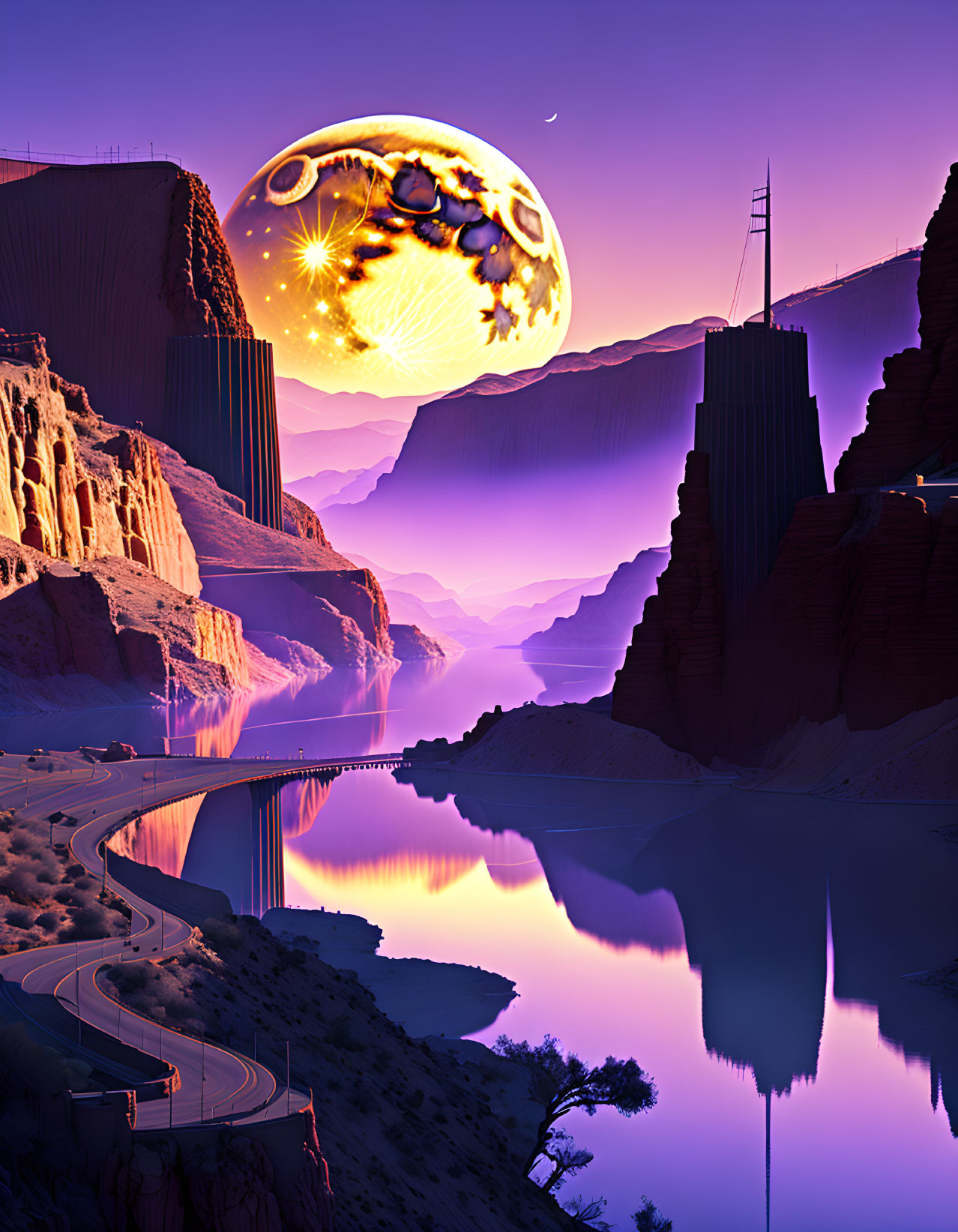 Futuristic landscape with winding road, cliffs, water, purple sky, and fantastical moon