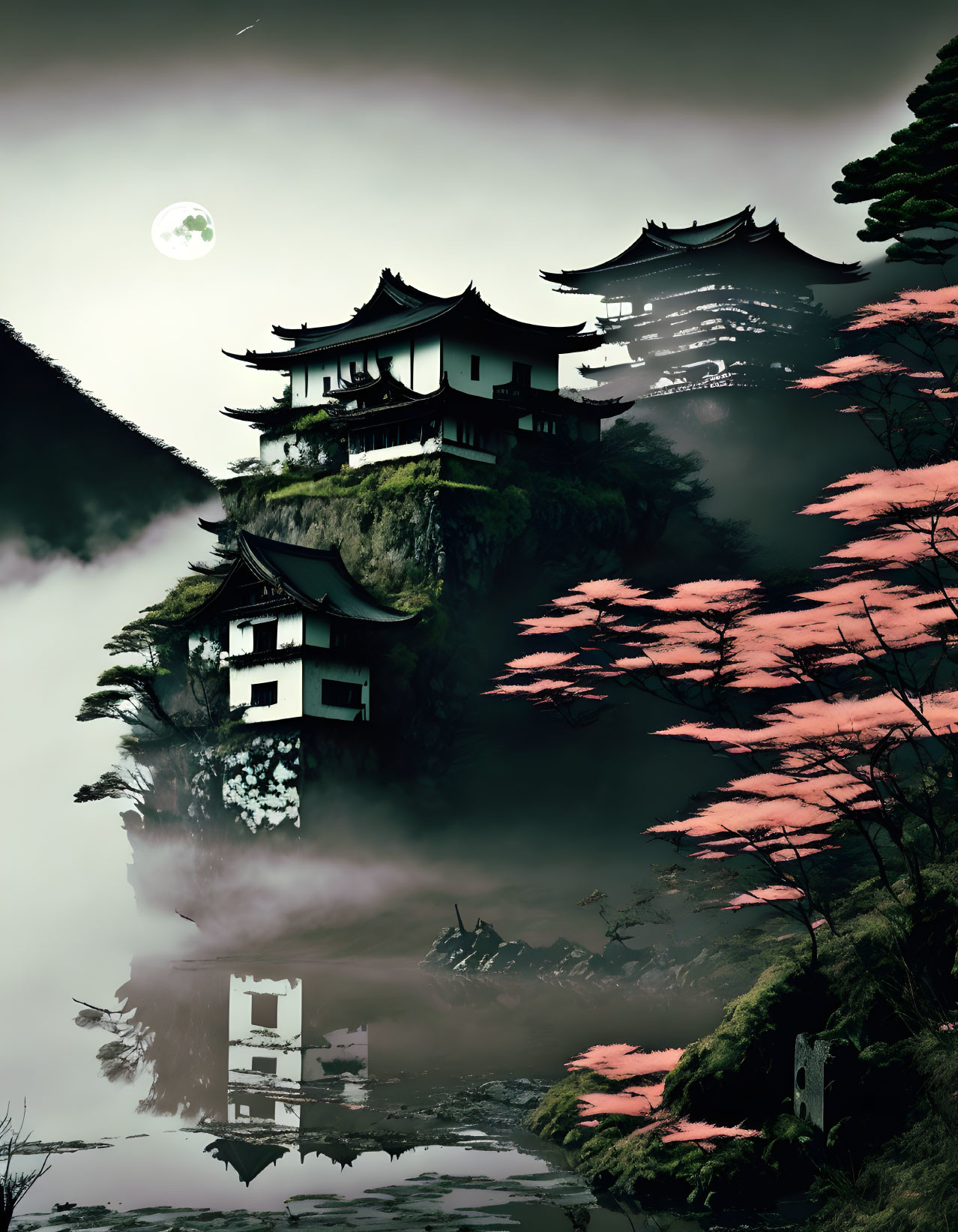 Moonlit Asian-style buildings on foggy mountain cliffs under reddish foliage