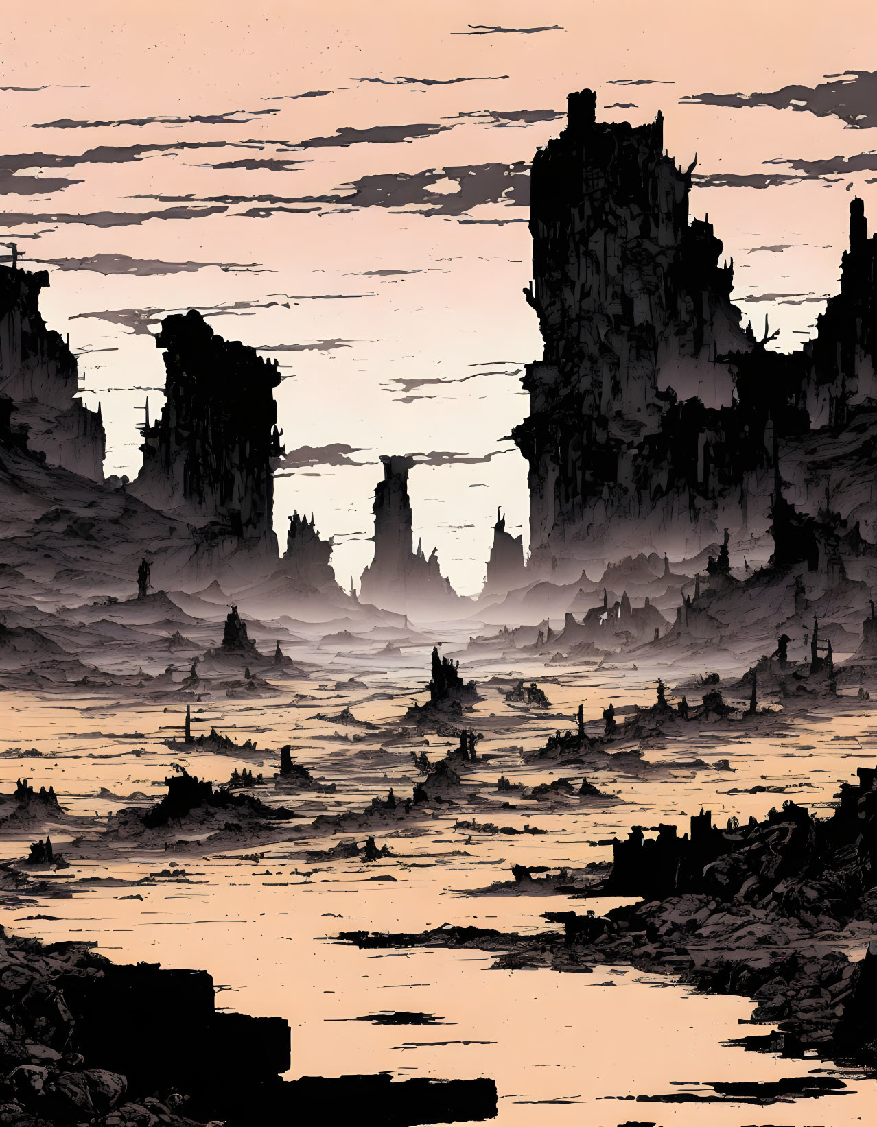 Dystopian landscape with towering rock formations and layered clouds