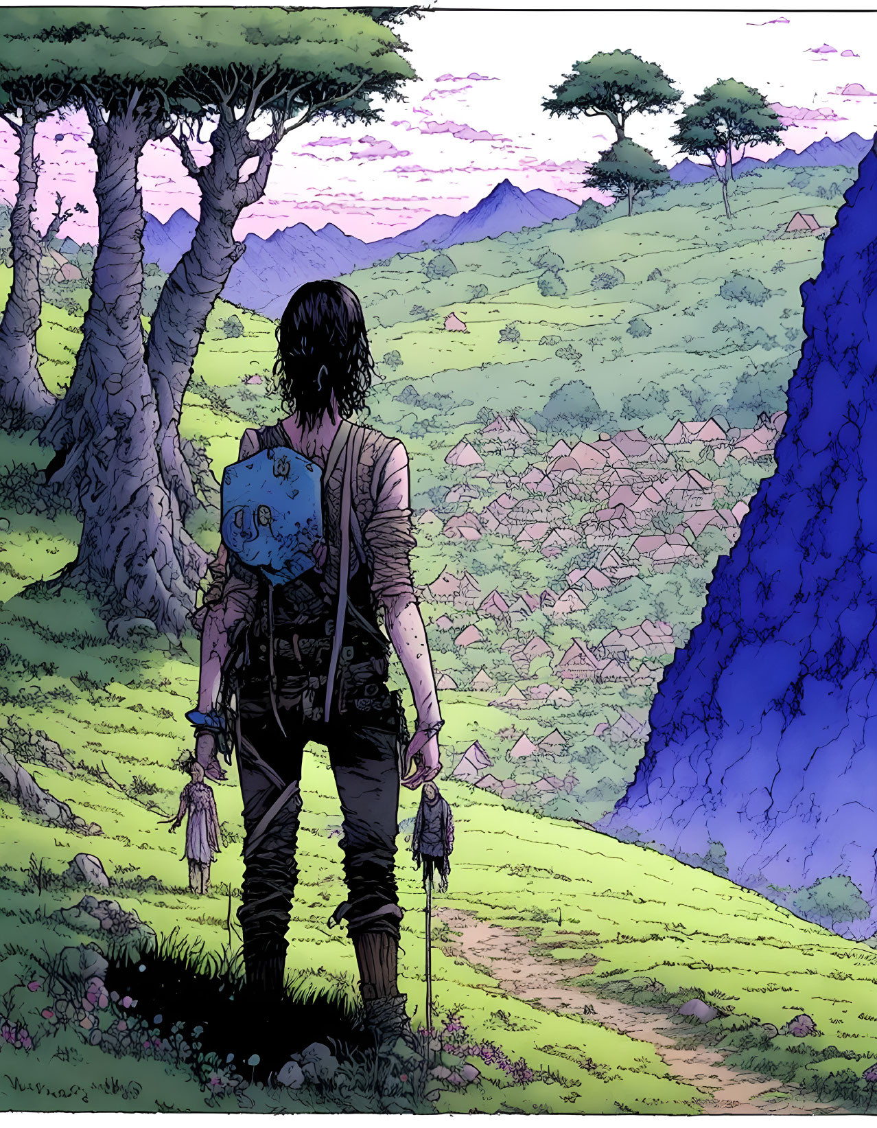 Person with sword and shield in scenic landscape with trees and hills under purple sky