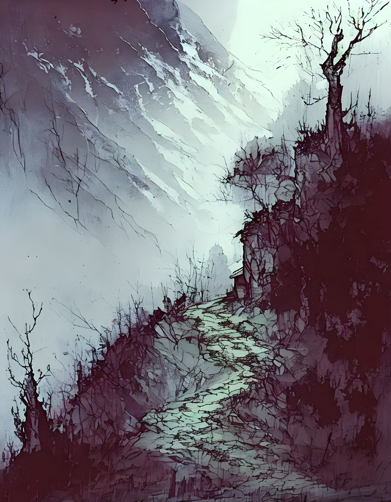 Snow-covered mountain path with bare trees and distant structure in misty illustration