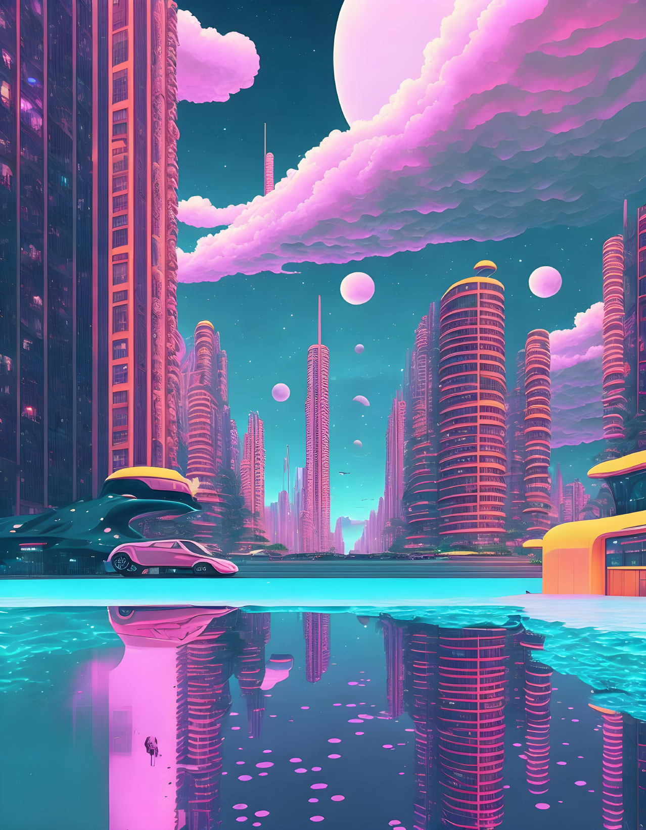 Reflective futuristic cityscape with high-rise buildings and hovering car under pink sky