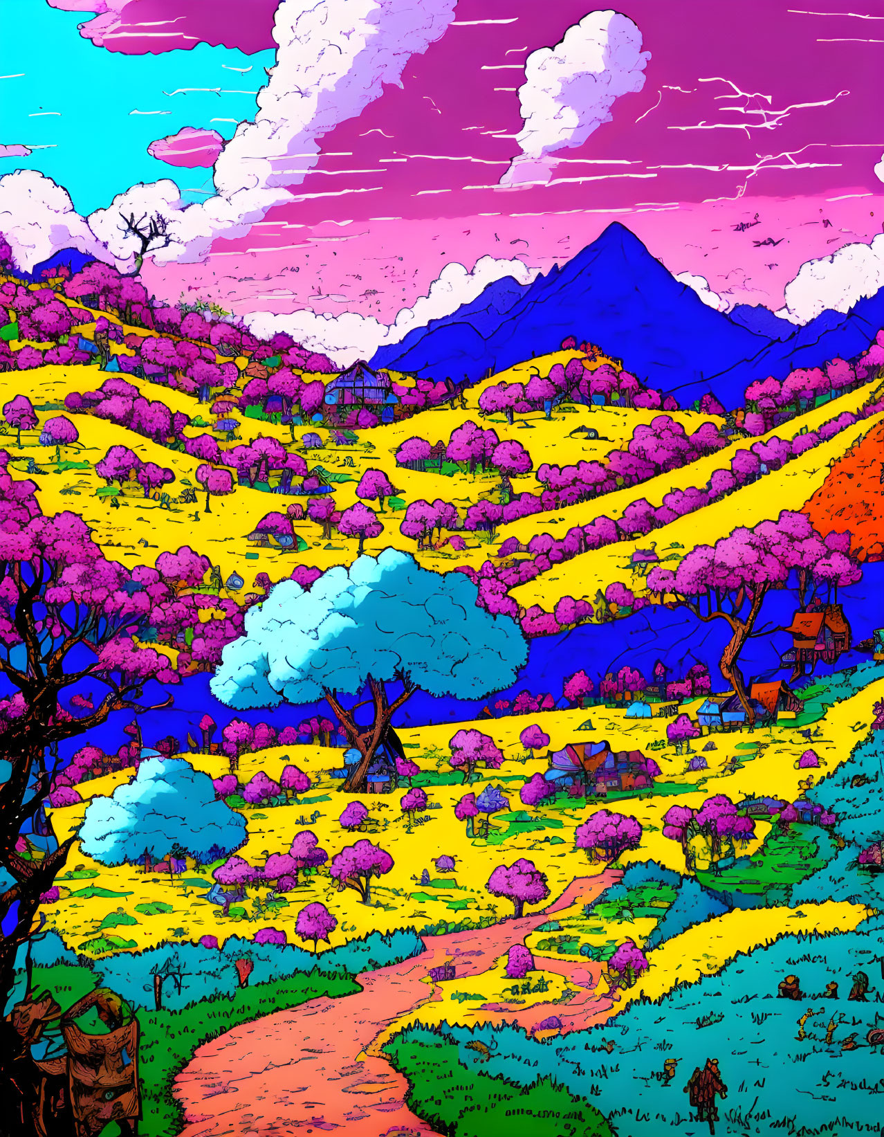 Colorful Landscape with Pink Clouds, Blue Sky, Purple Mountains, Yellow Fields, Trees, and