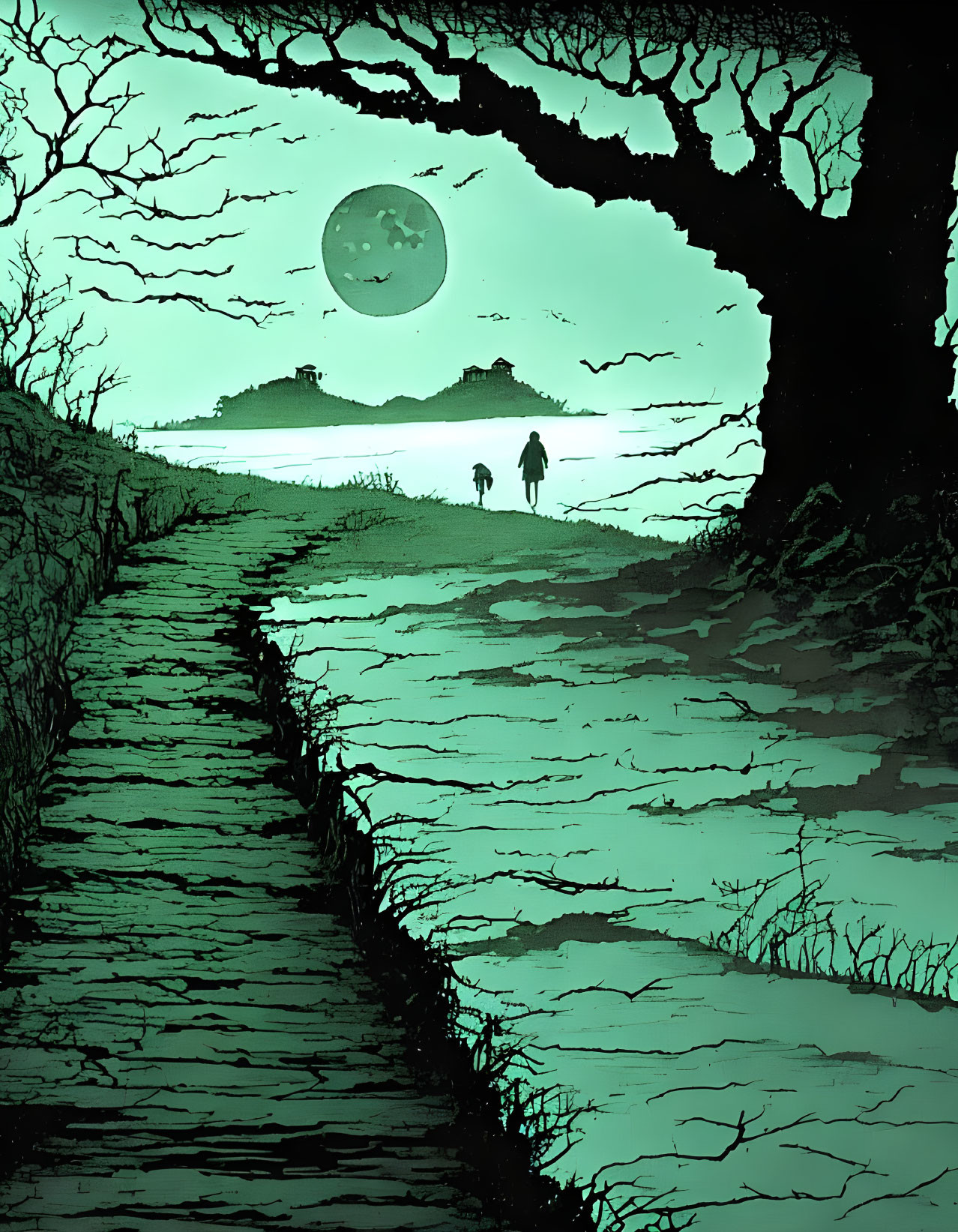 Silhouetted figure walking on eerie path under large moon