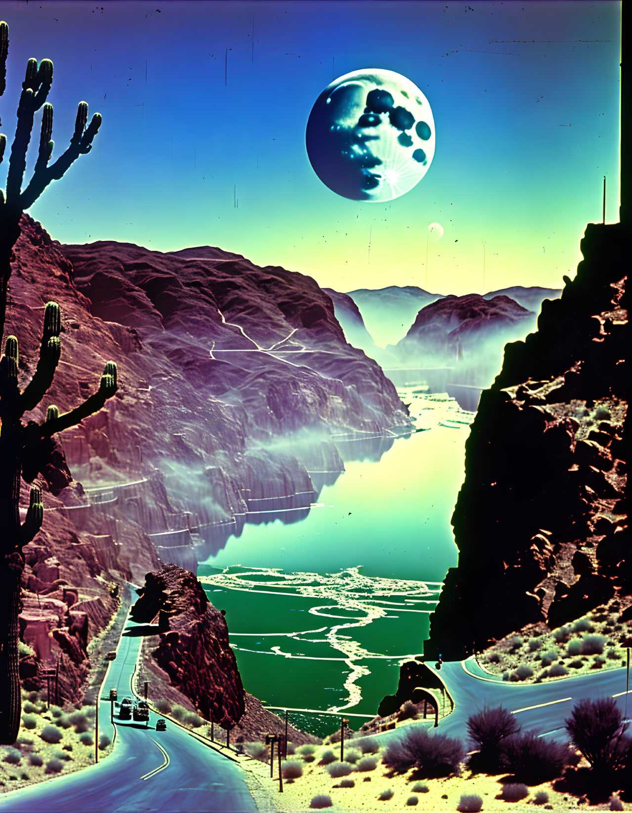 Surreal landscape with winding road, river, cacti, mountains, and oversized moon